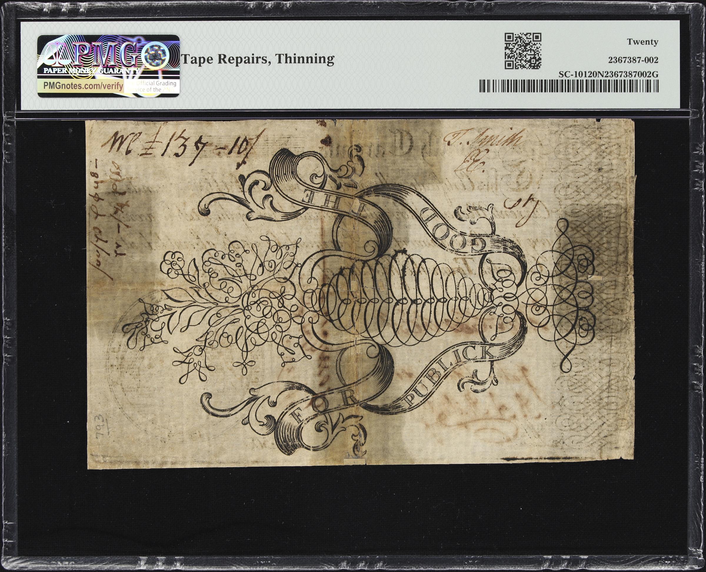 image for: SC-101. South Carolina. June 1, 1775. 50 Pounds. PMG Very Fine 20 Net. Tape Repairs, Thinning.