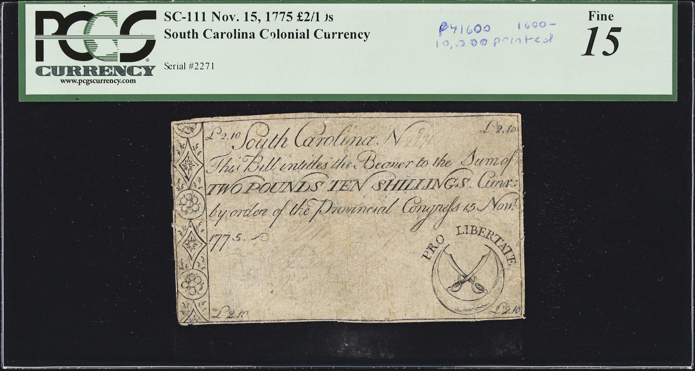image for: SC-111. South Carolina. November 15, 1775. 2 Pounds, 10 Shillings. PMG Fine 15.