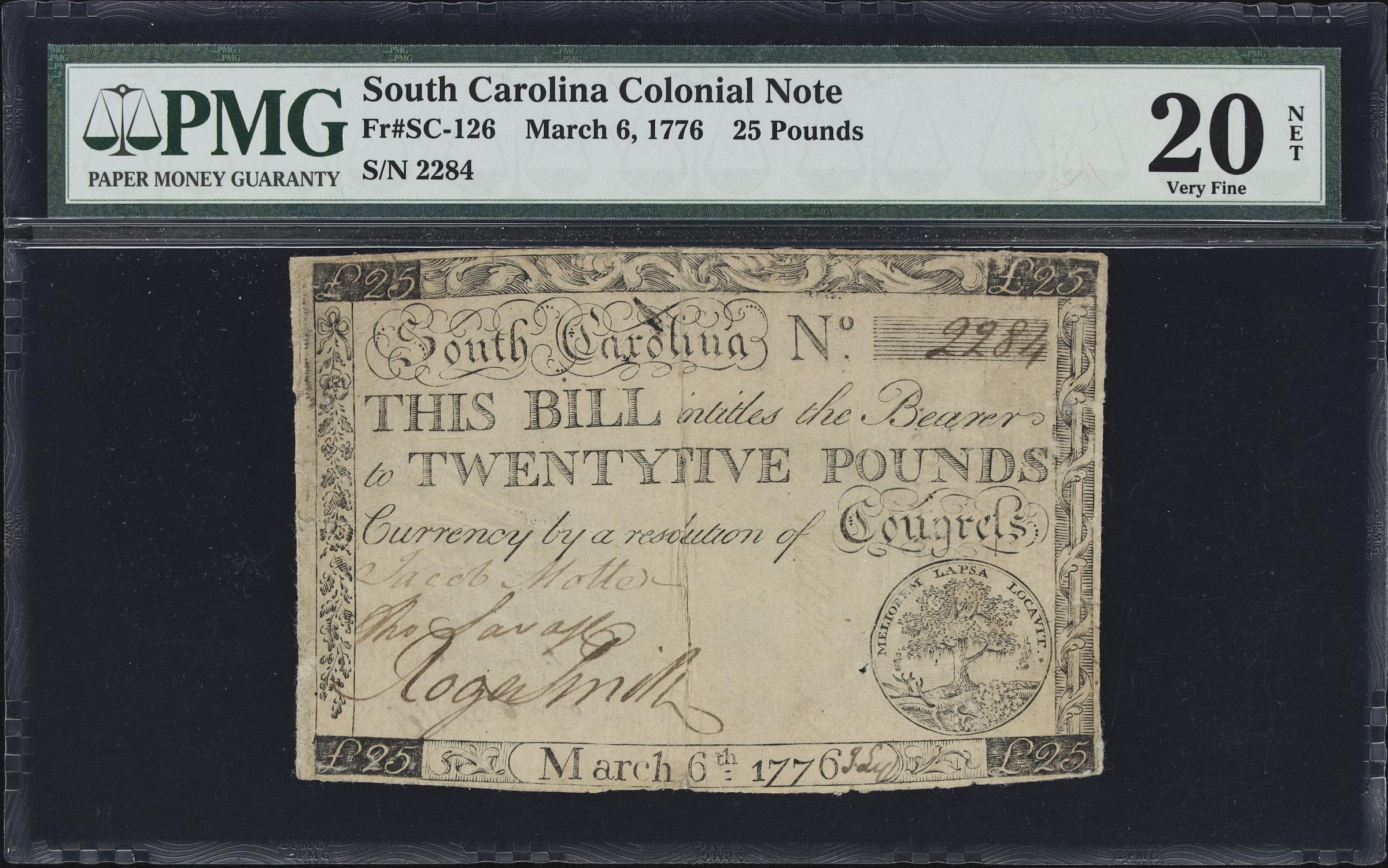 image for: SC-126. South Carolina. March 6, 1776. 25 Pounds. PMG Very Fine 20 Net. Partially Backed.