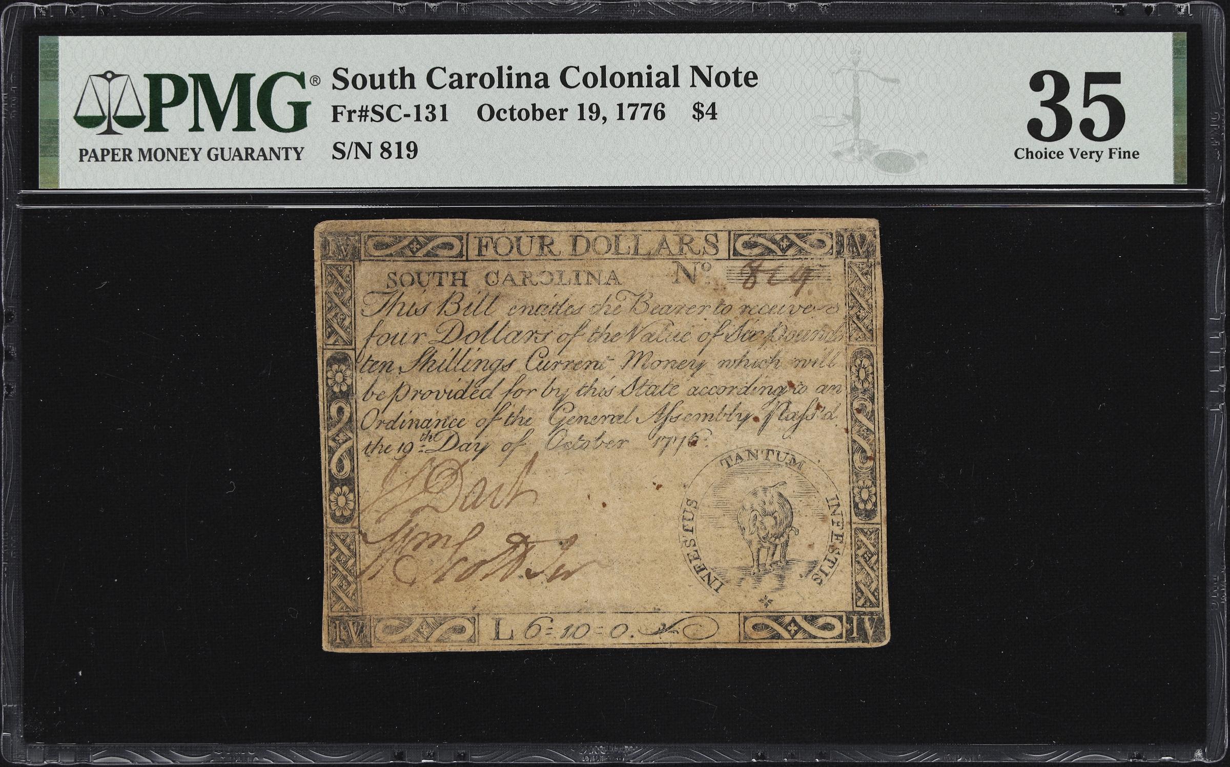 image for: SC-131. South Carolina. October 19, 1776. $4. PMG Choice Very Fine 35.