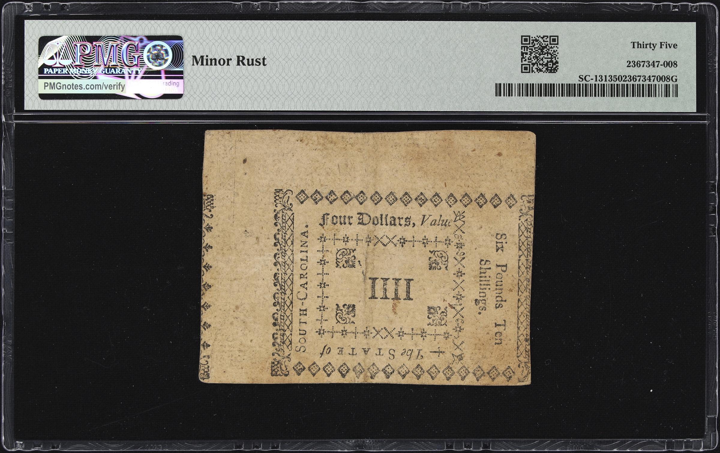 image for: SC-131. South Carolina. October 19, 1776. $4. PMG Choice Very Fine 35.