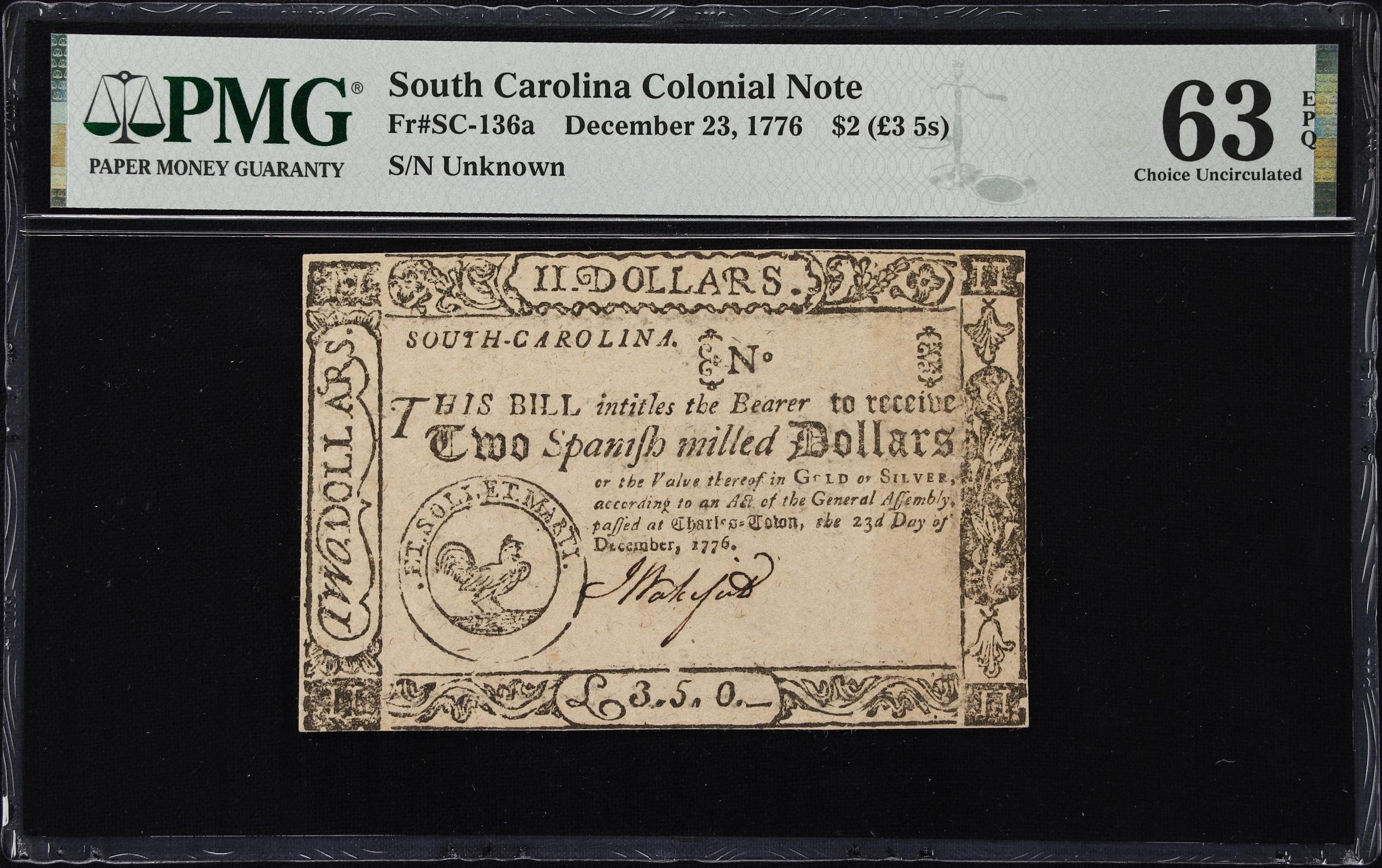 image for: SC-136a. South Carolina. December 23, 1776. $2. PMG Choice Uncirculated 63 EPQ.
