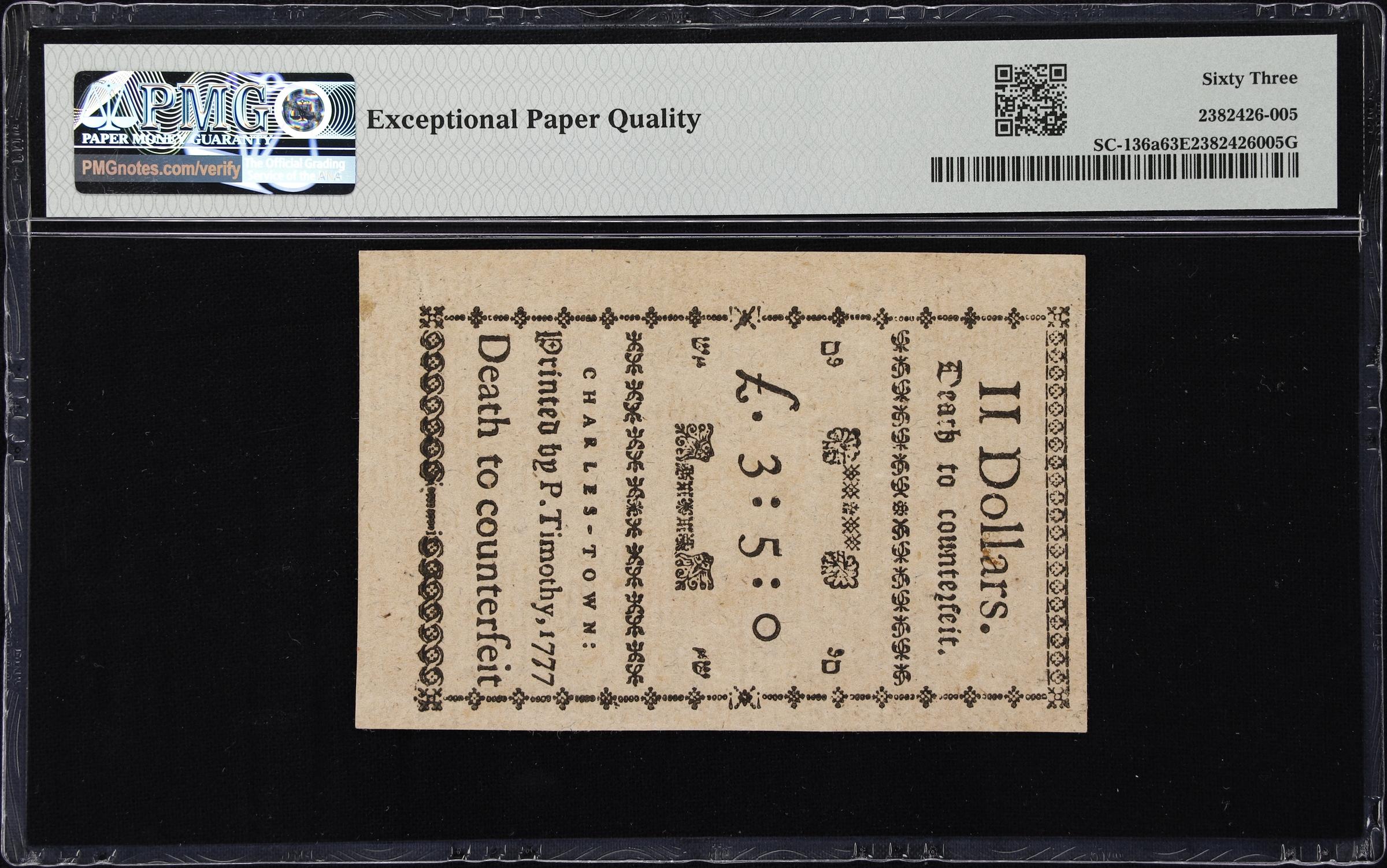 image for: SC-136a. South Carolina. December 23, 1776. $2. PMG Choice Uncirculated 63 EPQ.