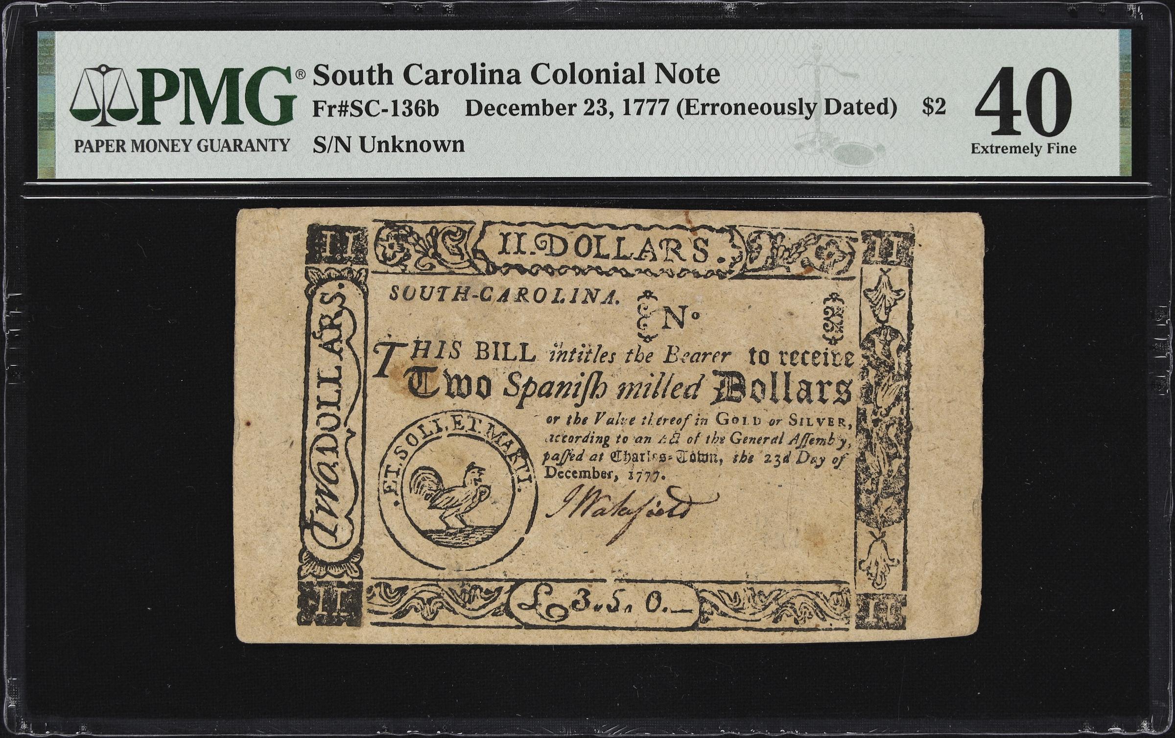 image for: SC-136b. South Carolina. December 23, 1777. $2. PMG Extremely Fine 40.