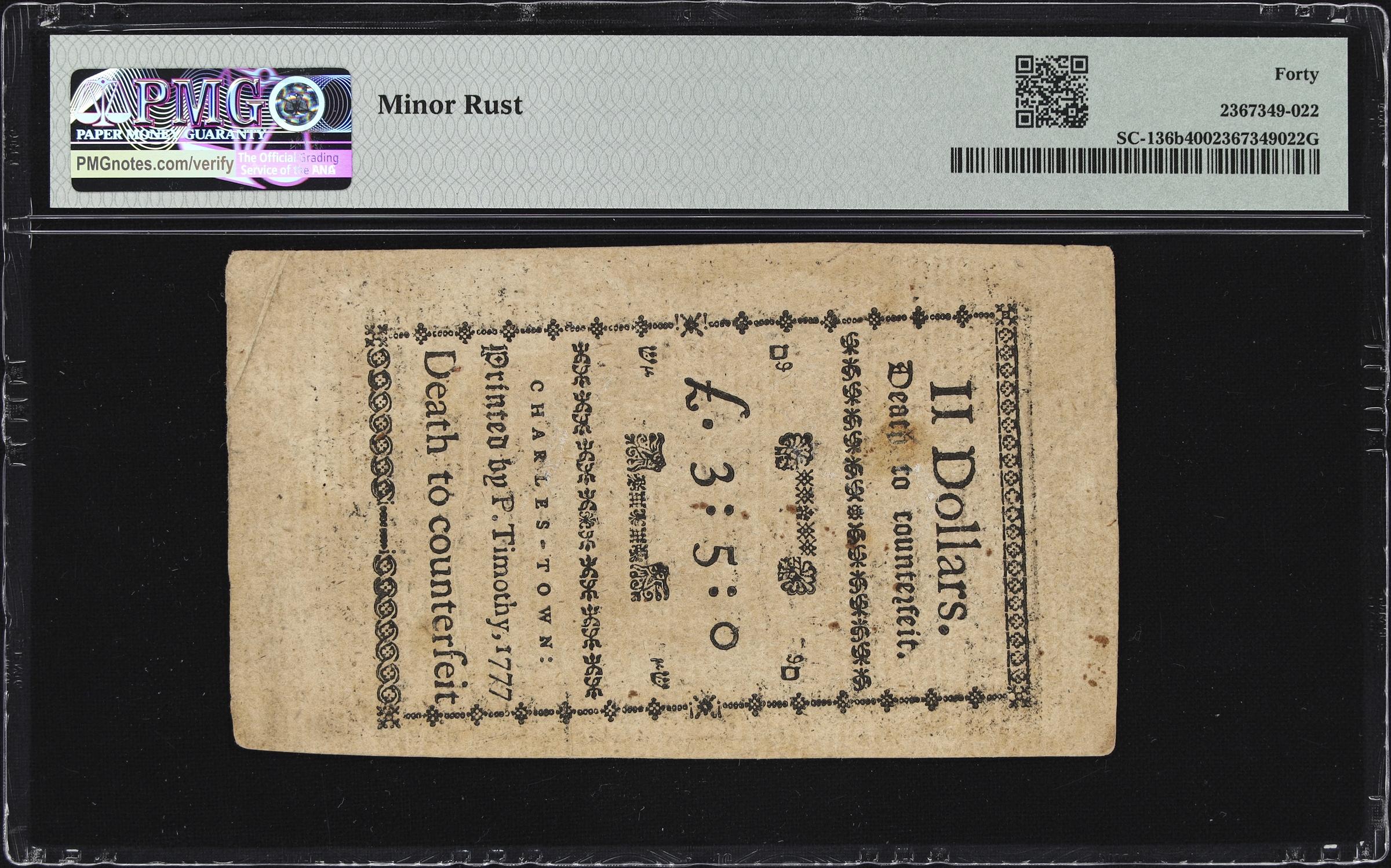 image for: SC-136b. South Carolina. December 23, 1777. $2. PMG Extremely Fine 40.