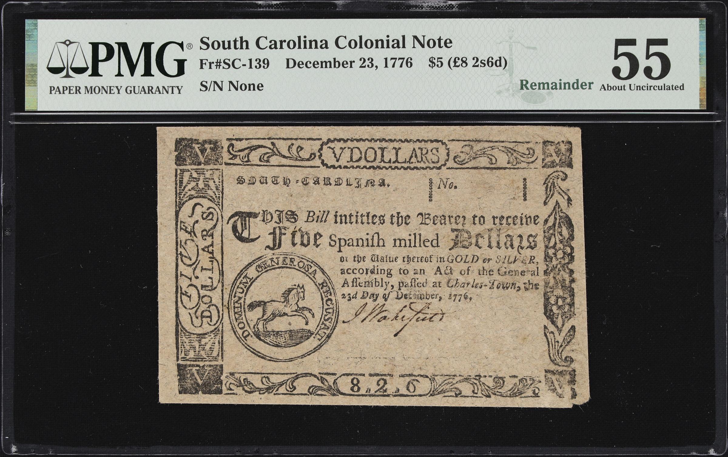 image for: SC-139. South Carolina. December 23, 1776. $5. PMG About Uncirculated 55. Remainder.