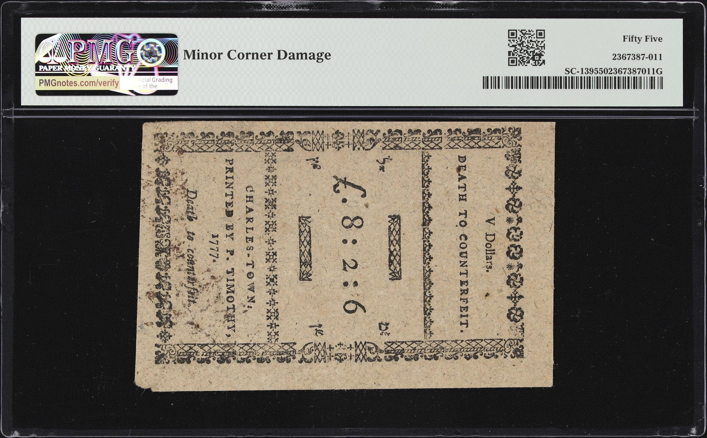 image for: SC-139. South Carolina. December 23, 1776. $5. PMG About Uncirculated 55. Remainder.