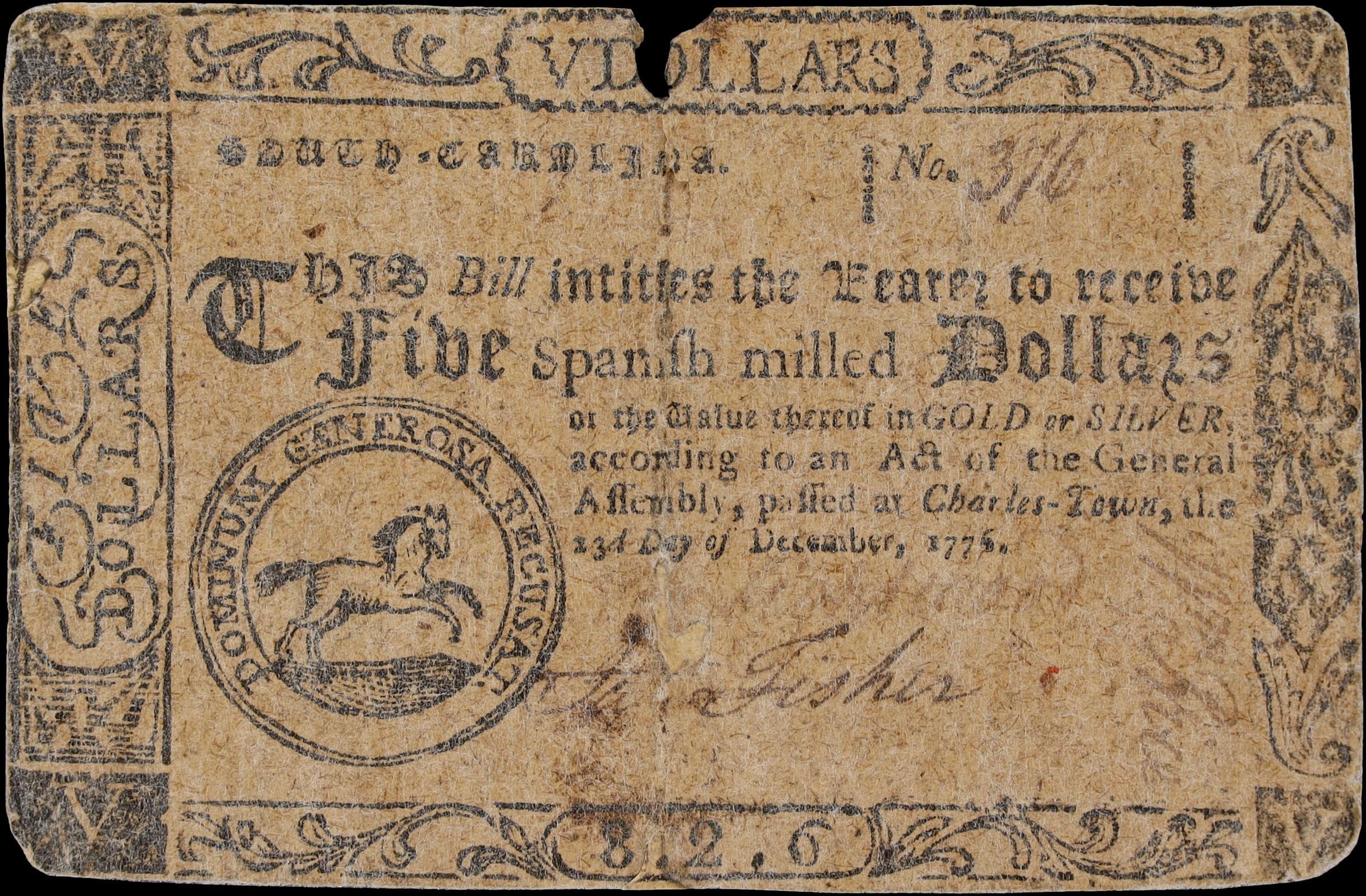 image for: SC-139. South Carolina. December 23, 1776. $5. Good.