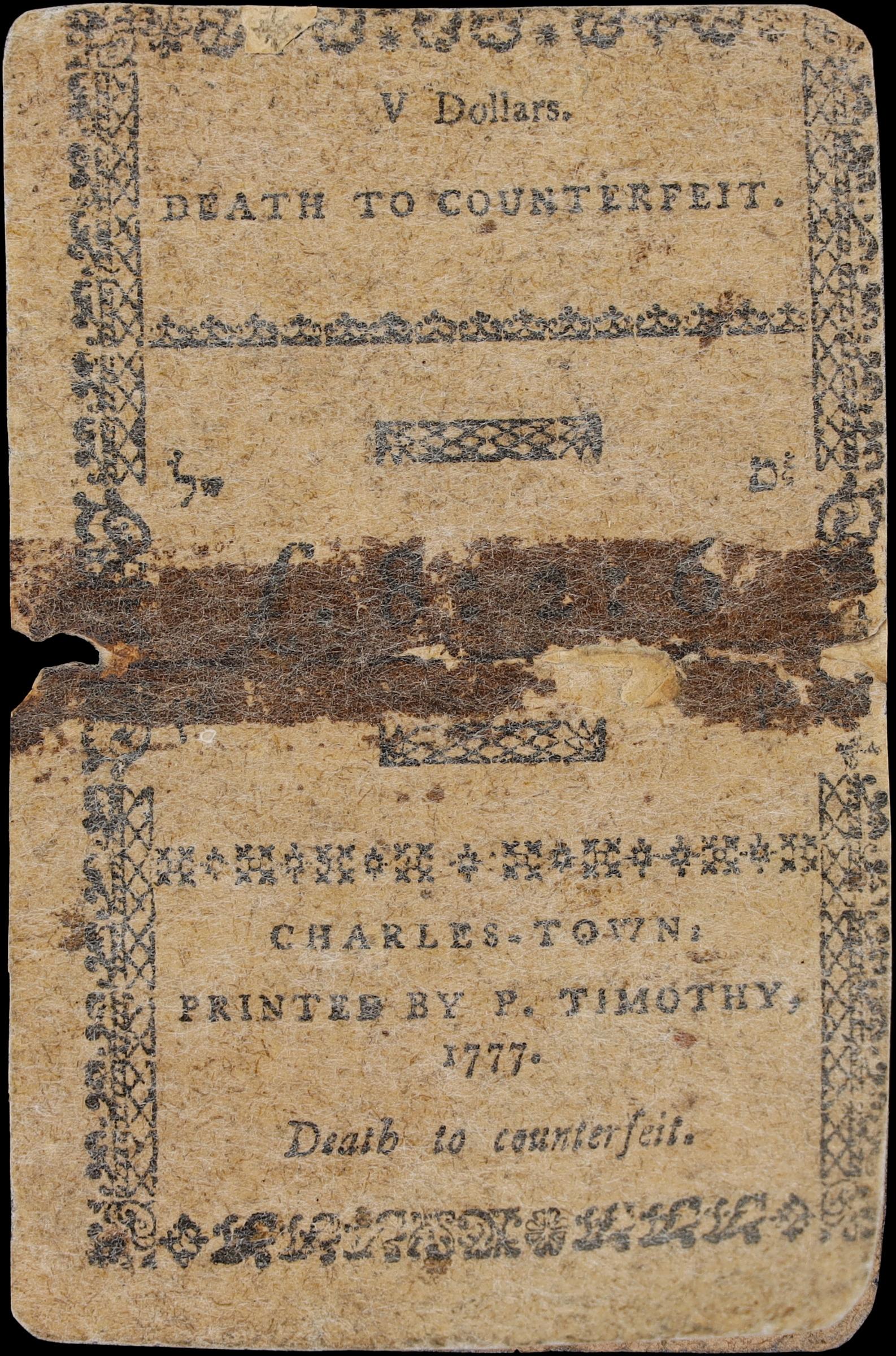 image for: SC-139. South Carolina. December 23, 1776. $5. Good.