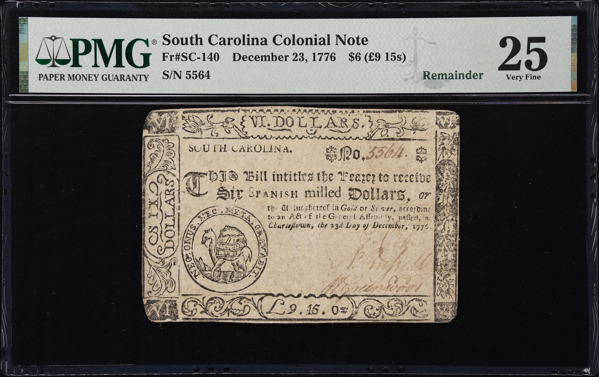 image for: SC-140. South Carolina. December 23, 1776. $6. PMG Very Fine 25. Remainder.