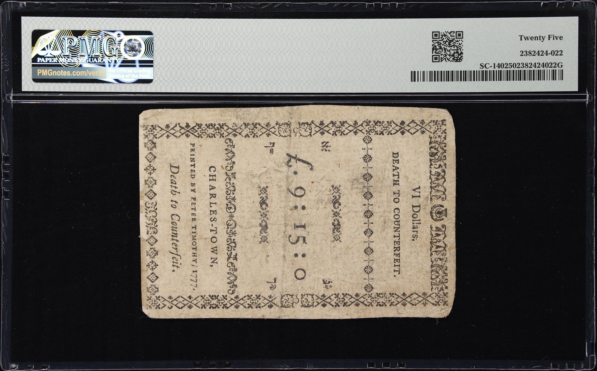 image for: SC-140. South Carolina. December 23, 1776. $6. PMG Very Fine 25. Remainder.