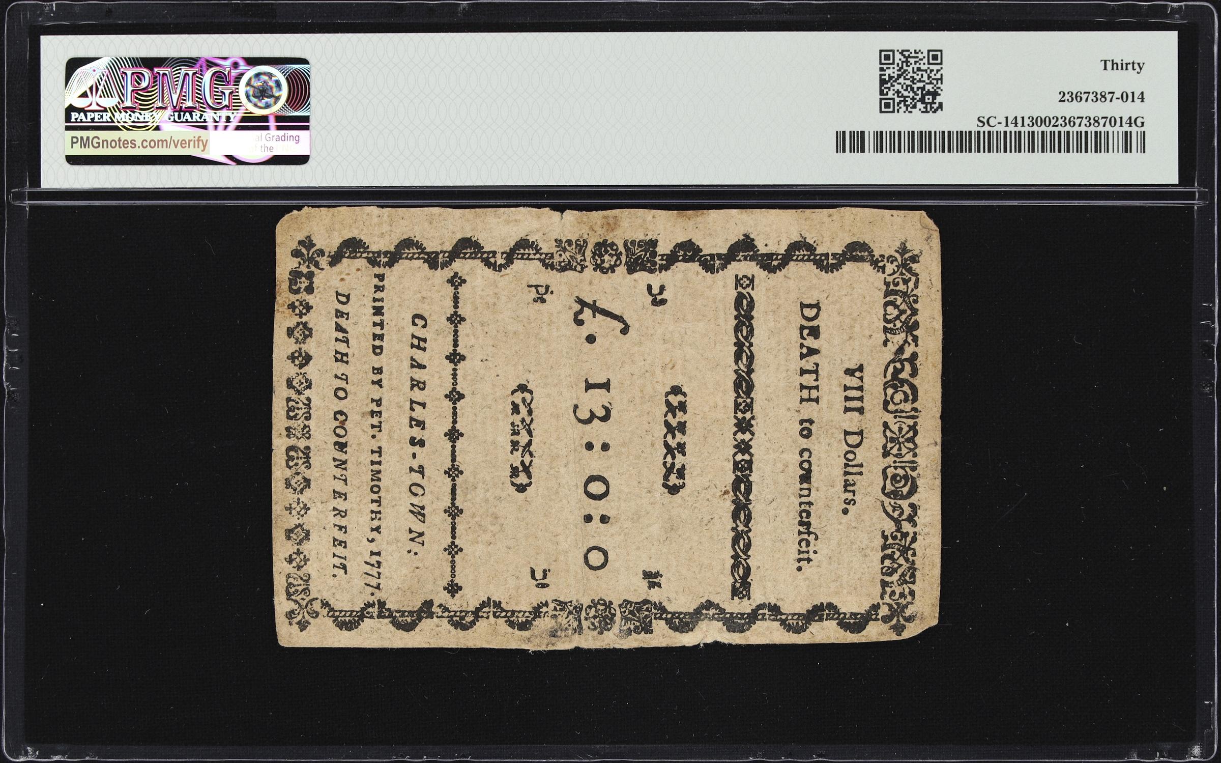 image for: SC-141. South Carolina. December 23, 1776. $8. PMG Very Fine 30.