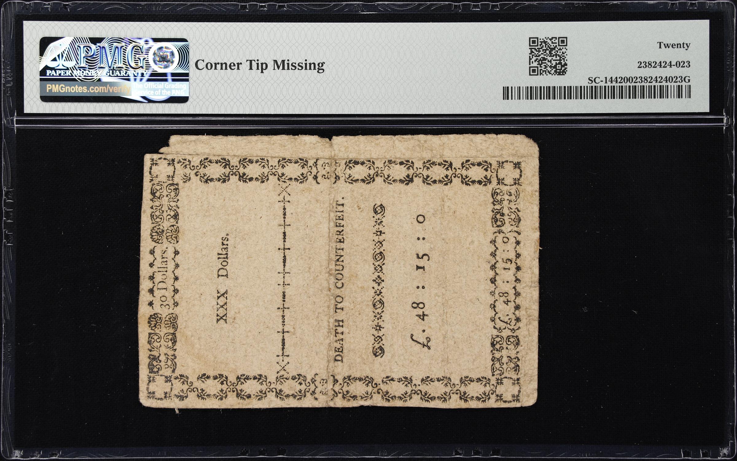 image for: SC-144. South Carolina. February 14, 1777. $30. PMG Very Fine 20.