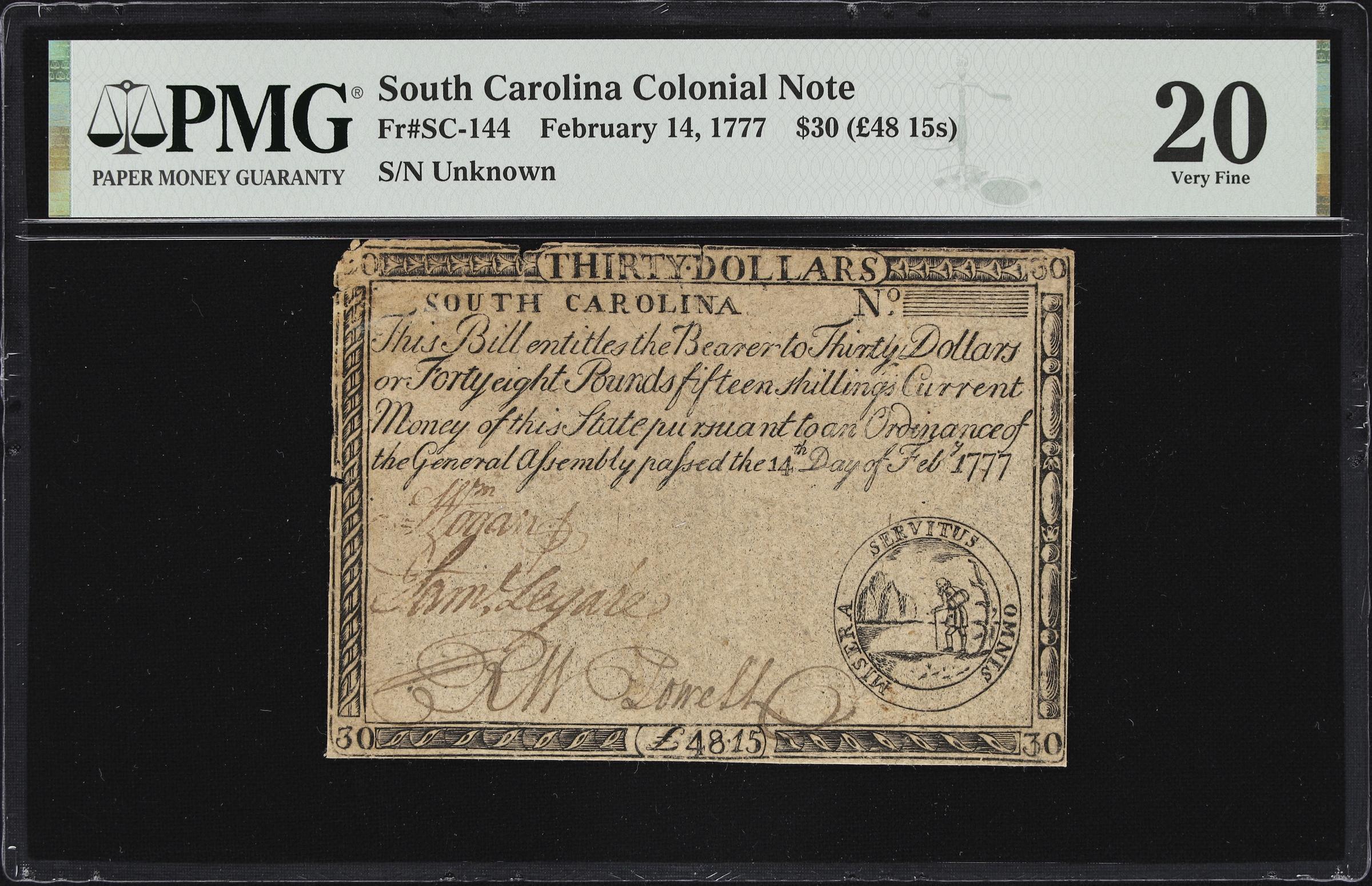 image for: SC-144. South Carolina. February 14, 1777. $30. PMG Very Fine 20.