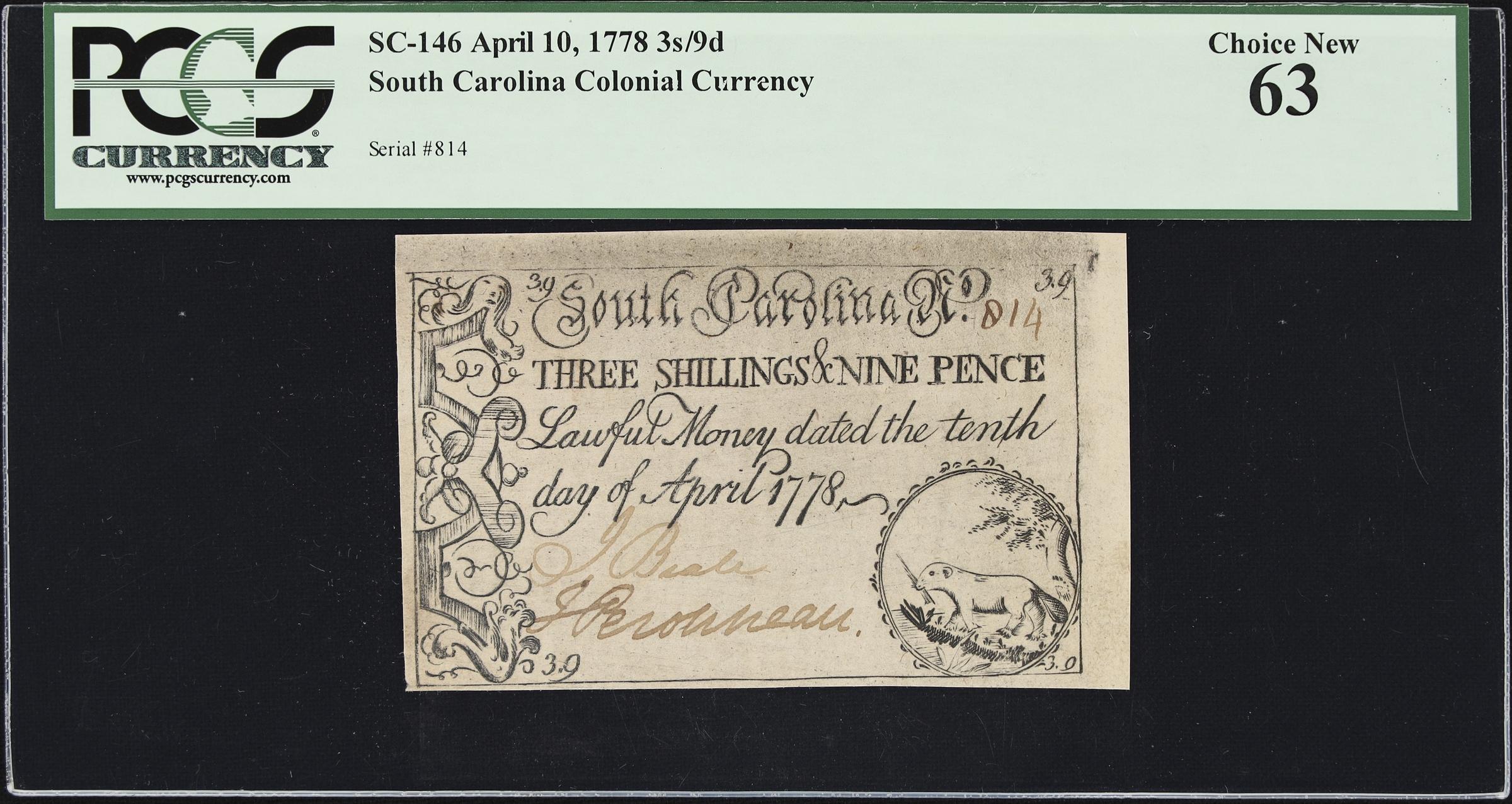 image for: SC-146. South Carolina. April 10, 1778. 3 Shillings, 9 Pence. PCGS Currency Choice New 63.