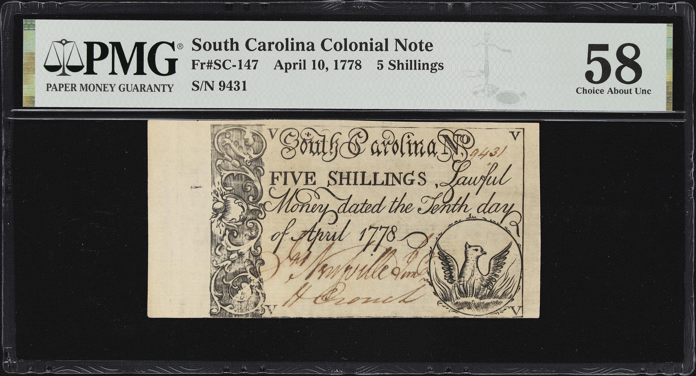 image for: SC-147. South Carolina. April 10, 1778. 5 Shillings. PMG Choice About Uncirculated 58.