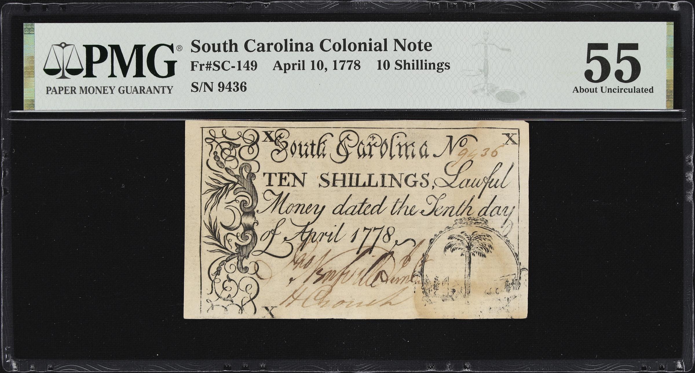 image for: SC-149. South Carolina. April 10, 1778. 10 Shillings. PMG About Uncirculated 55.