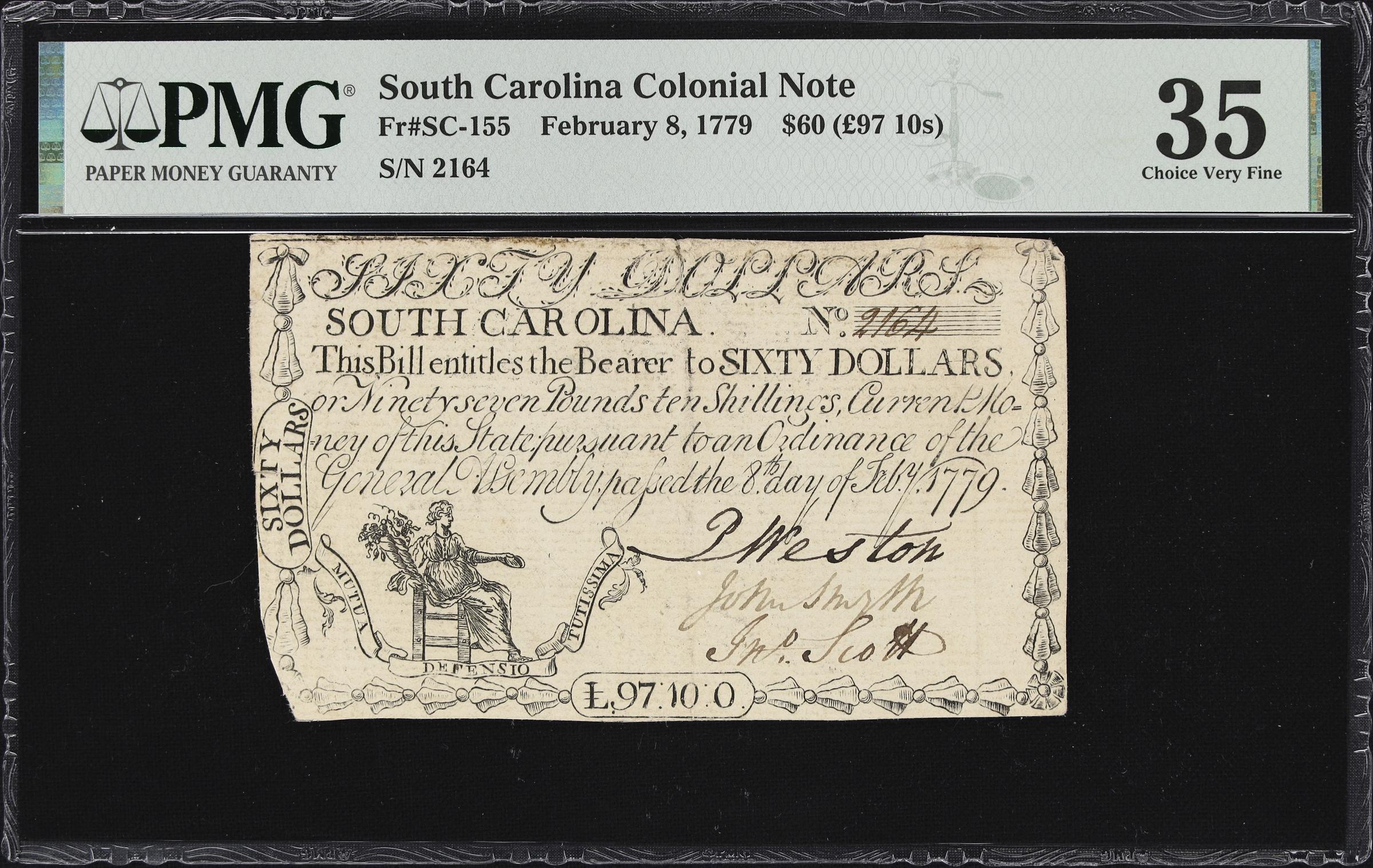 image for: SC-155. South Carolina. February 8, 1779. $60. PMG Choice Very Fine 35.