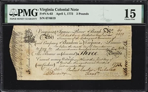 image for: VA-63. Virginia. April 1, 1773. 3 Pounds. PMG Choice Fine 15.
