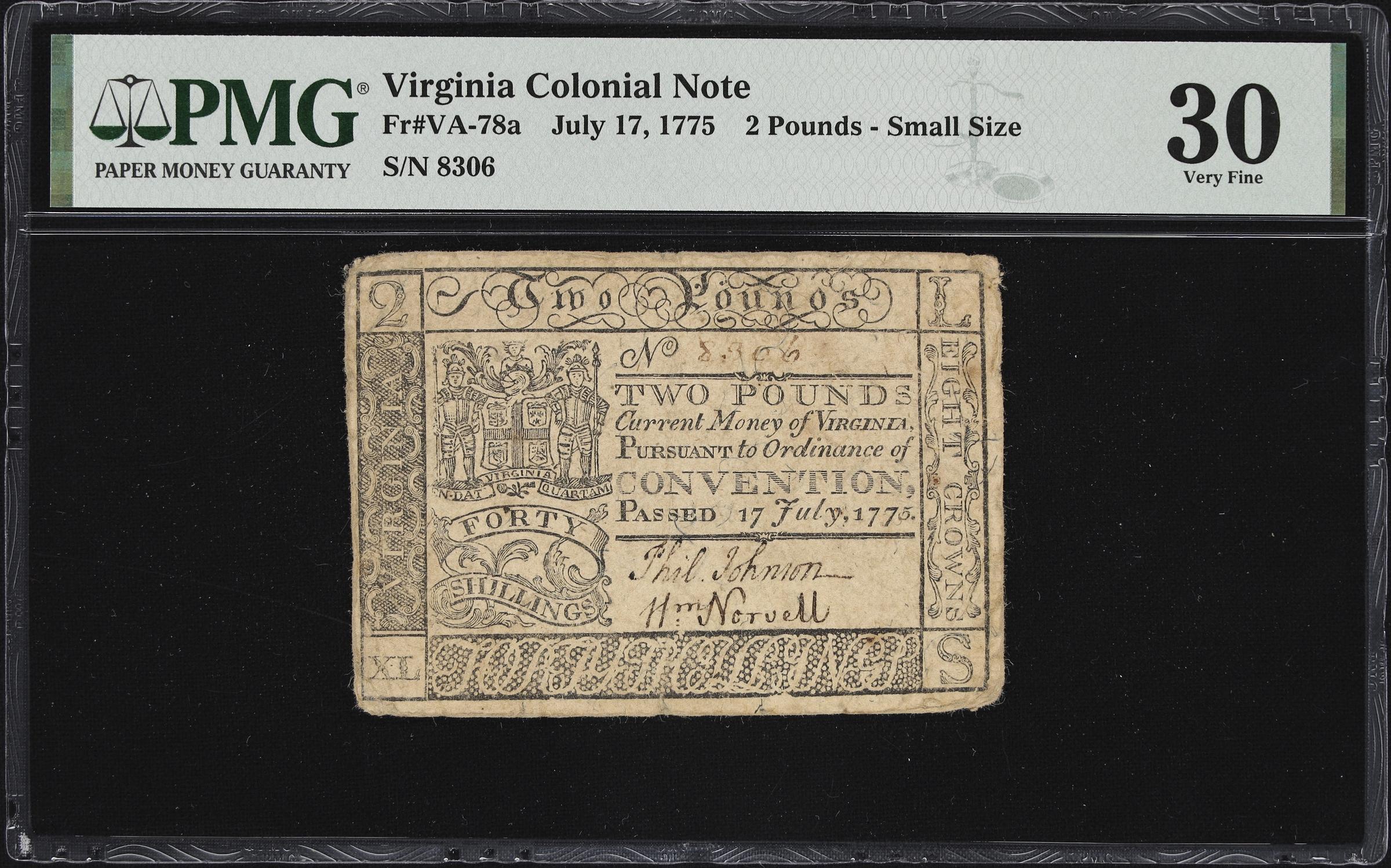 image for: VA-78a. Virginia. July 17, 1775. 2 Pounds. PMG Very Fine 30.