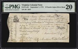 image for: VA-85. Virginia. September 1, 1775. 8 Pounds. PMG Very Fine 20.