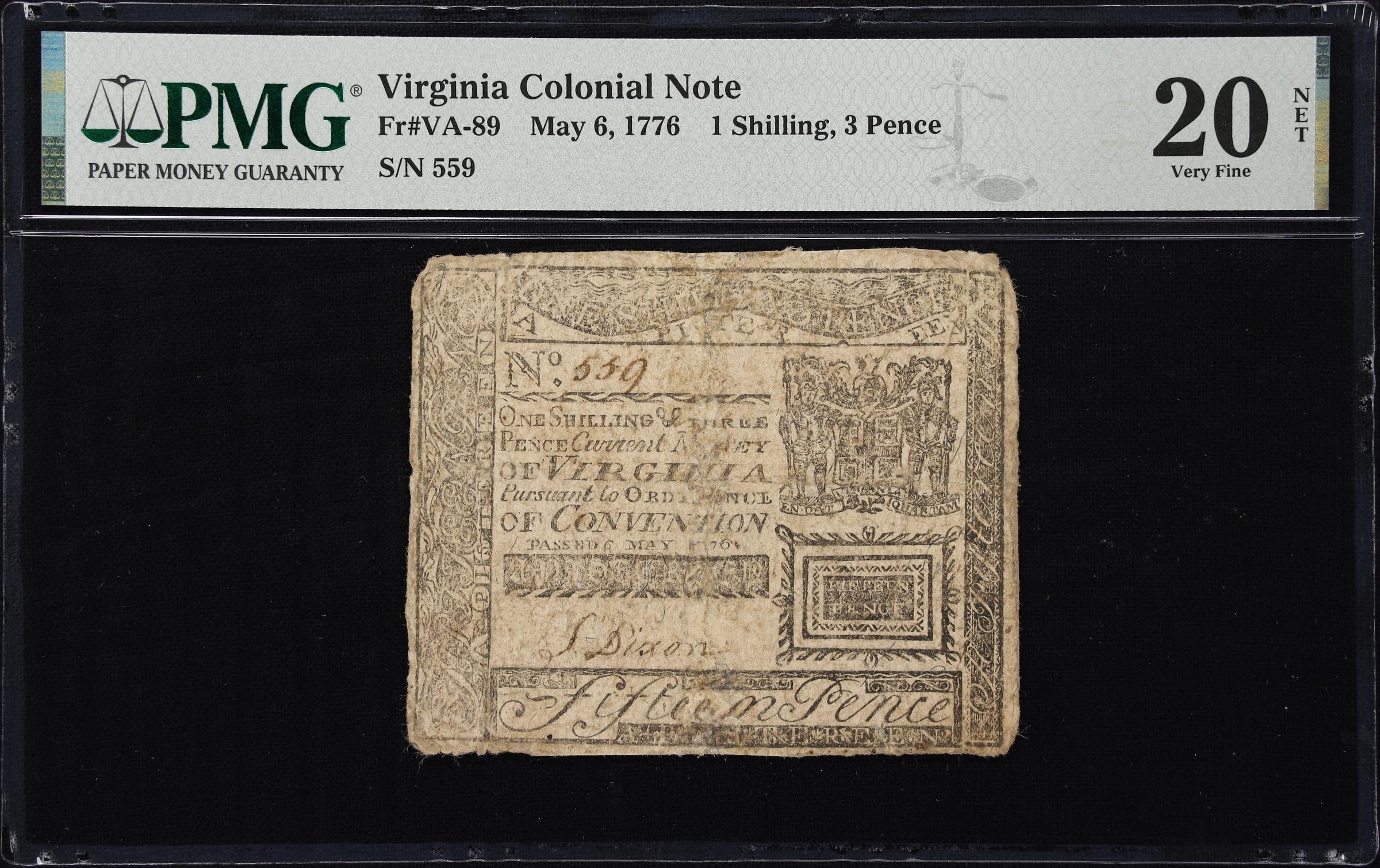 image for: VA-89. Virginia. May 6, 1776. 1 Shilling, 3 Pence. PMG Very Fine 20 Net. Severed & Reattached, Repaired.