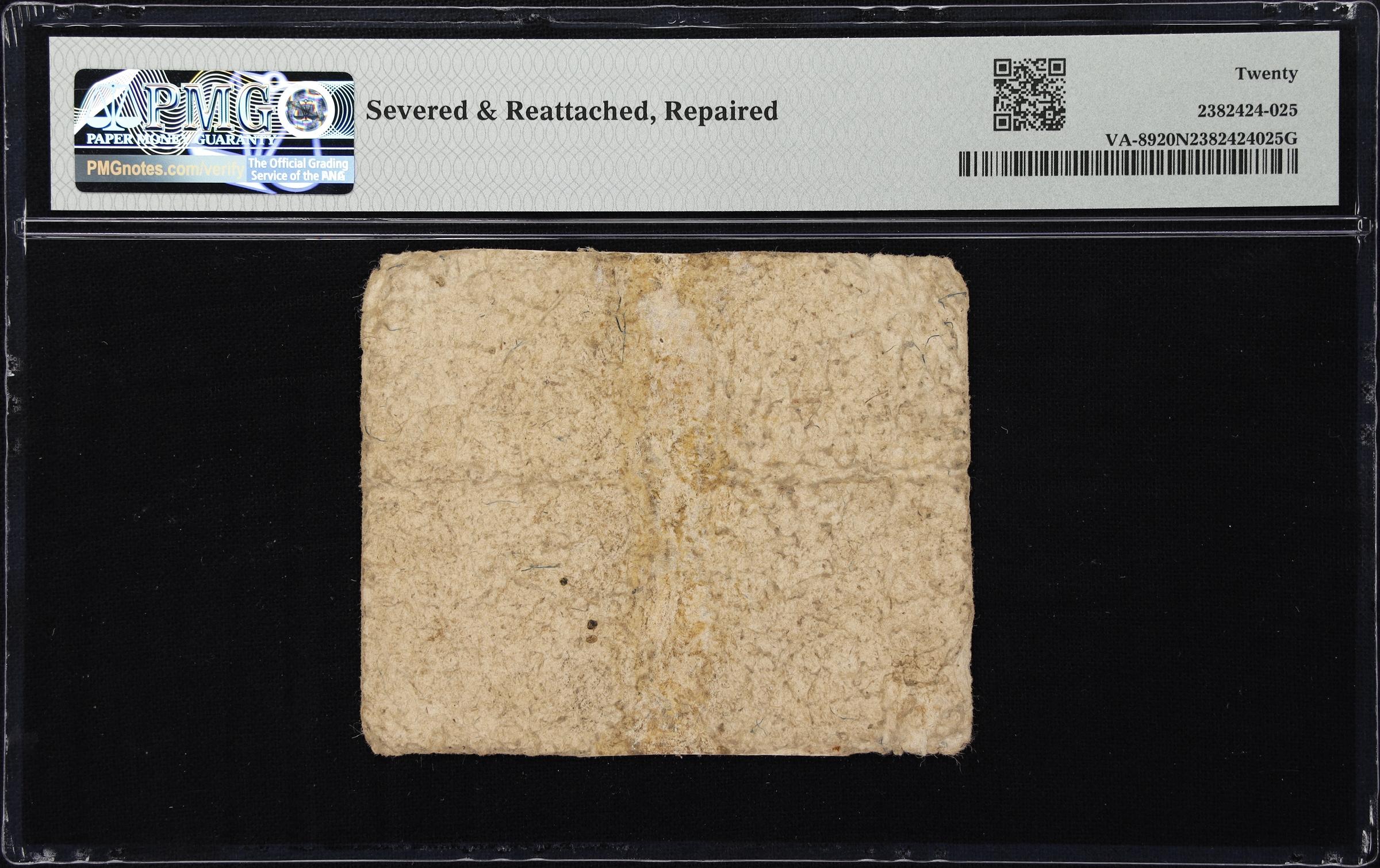 image for: VA-89. Virginia. May 6, 1776. 1 Shilling, 3 Pence. PMG Very Fine 20 Net. Severed & Reattached, Repaired.