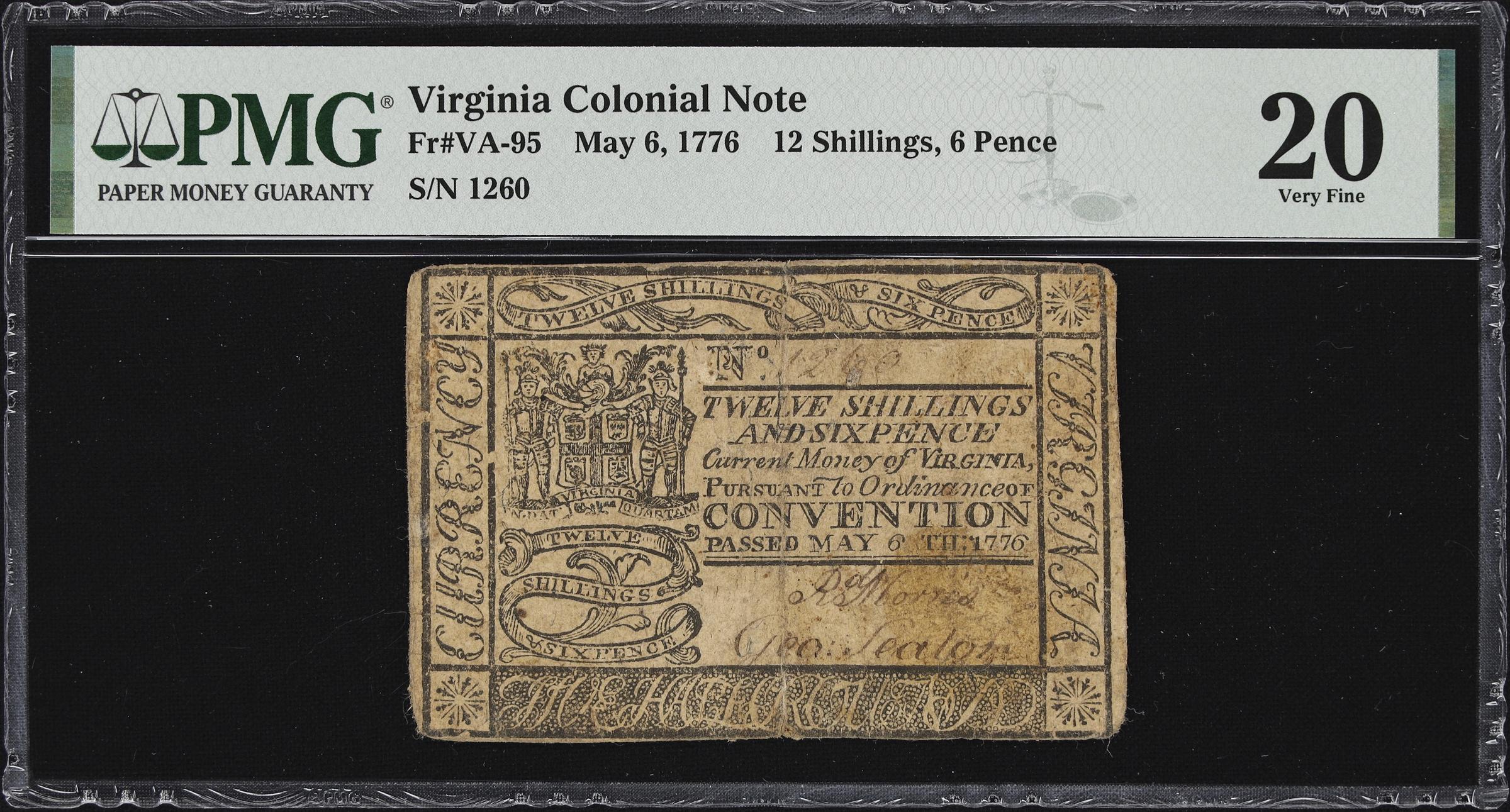 image for: VA-95. Virginia. May 6, 1776. 12 Shillings, 6 Pence. PMG Very Fine 20.
