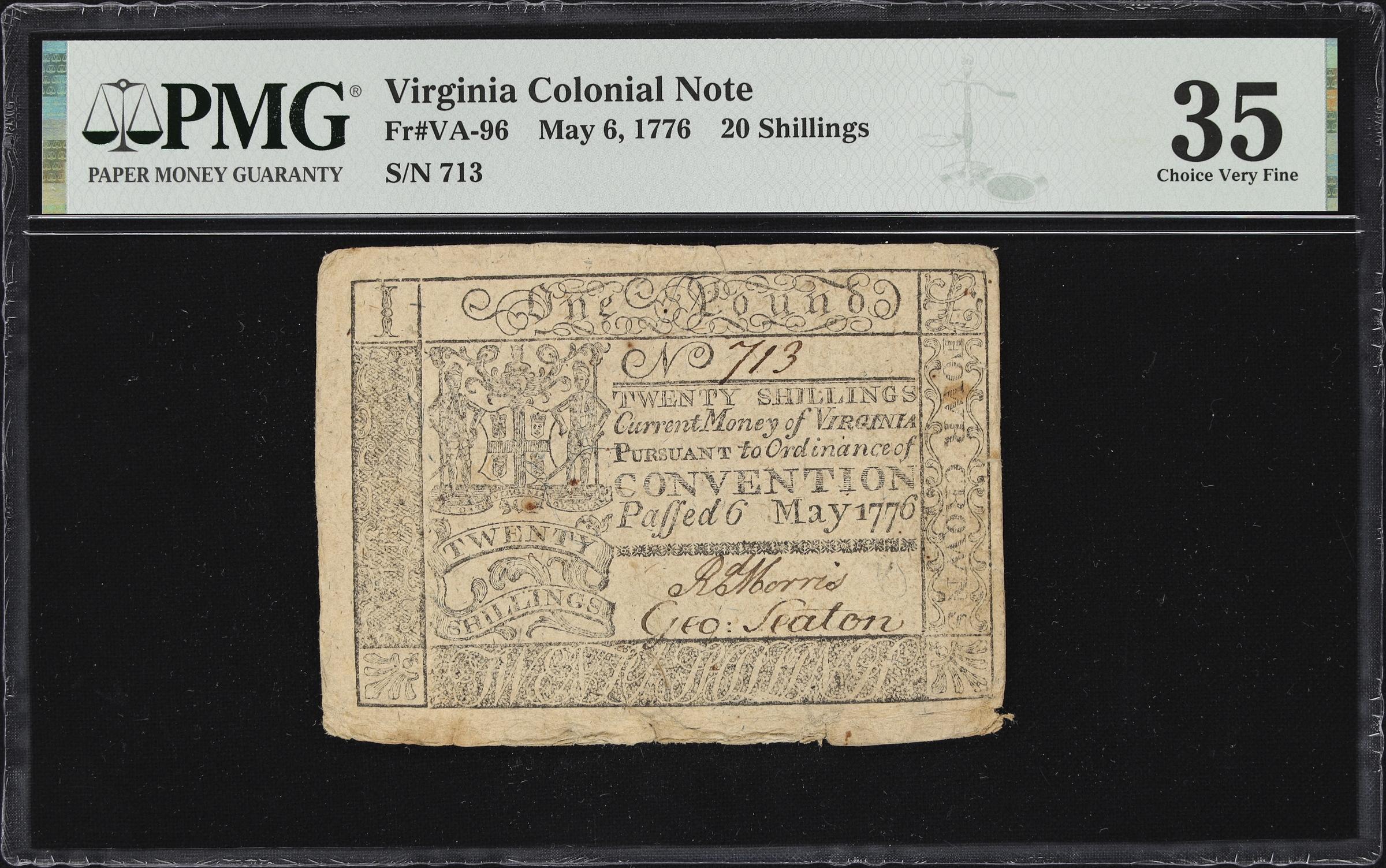 image for: VA-96. Virginia. May 6, 1776. 20 Shillings. PMG Choice Very Fine 35.