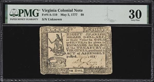 image for: VA-119. Virginia. May 5, 1777. $8. PMG Very Fine 30.