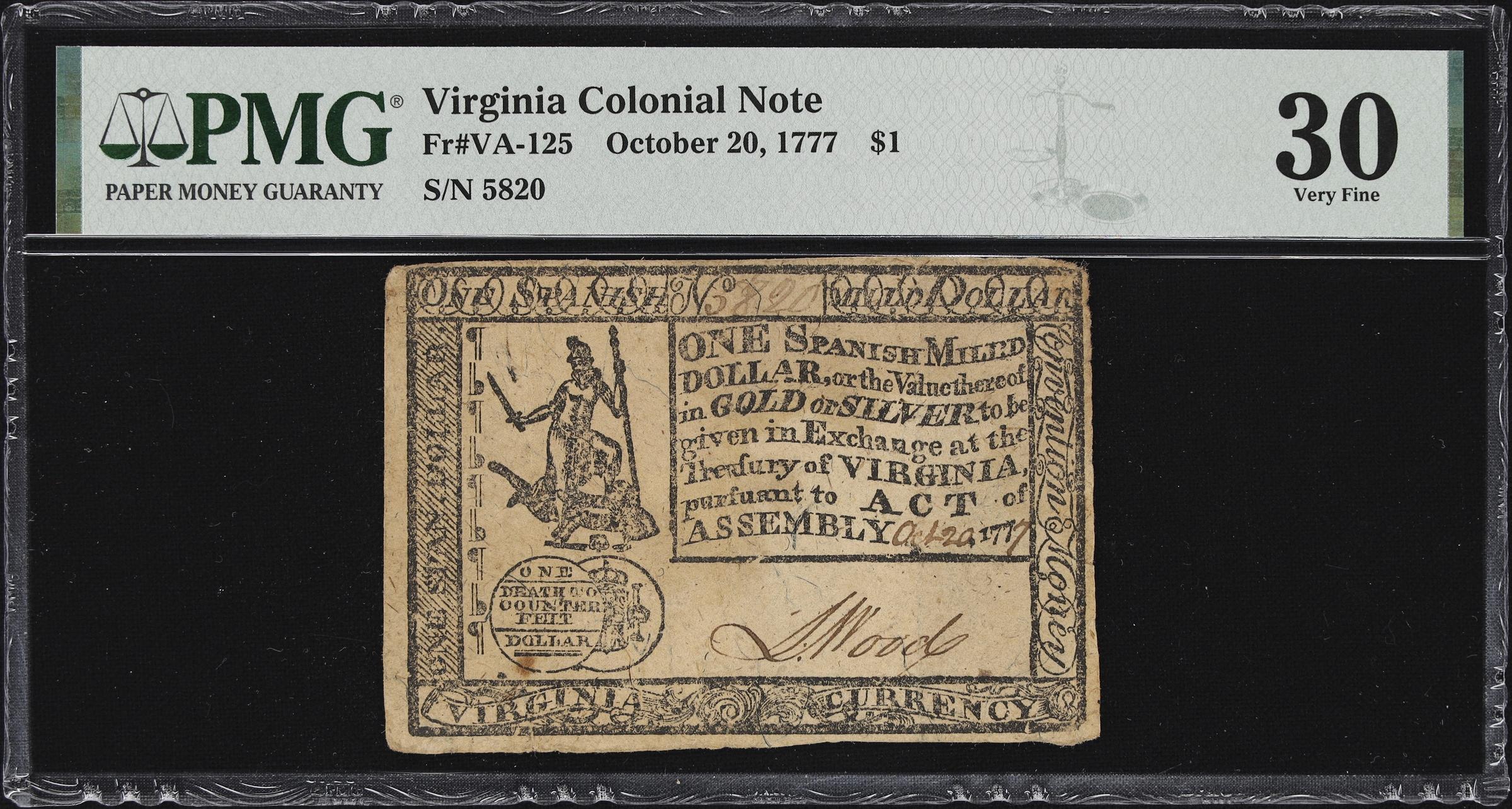 image for: VA-125. Virginia. October 20, 1777. $1. PMG Very Fine 30.