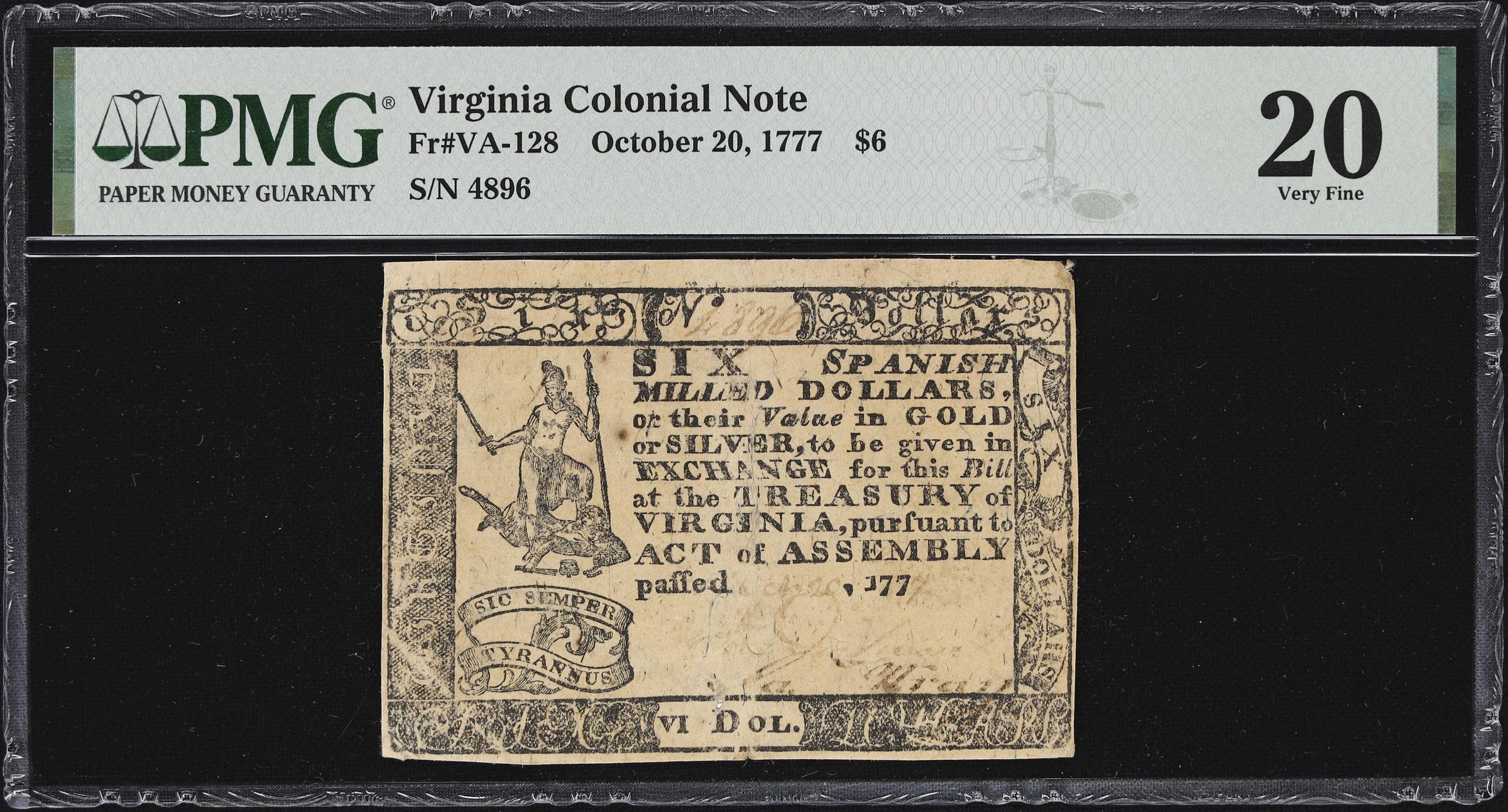 image for: VA-128. Virginia. October 20, 1777. $6. PMG Very Fine 20.