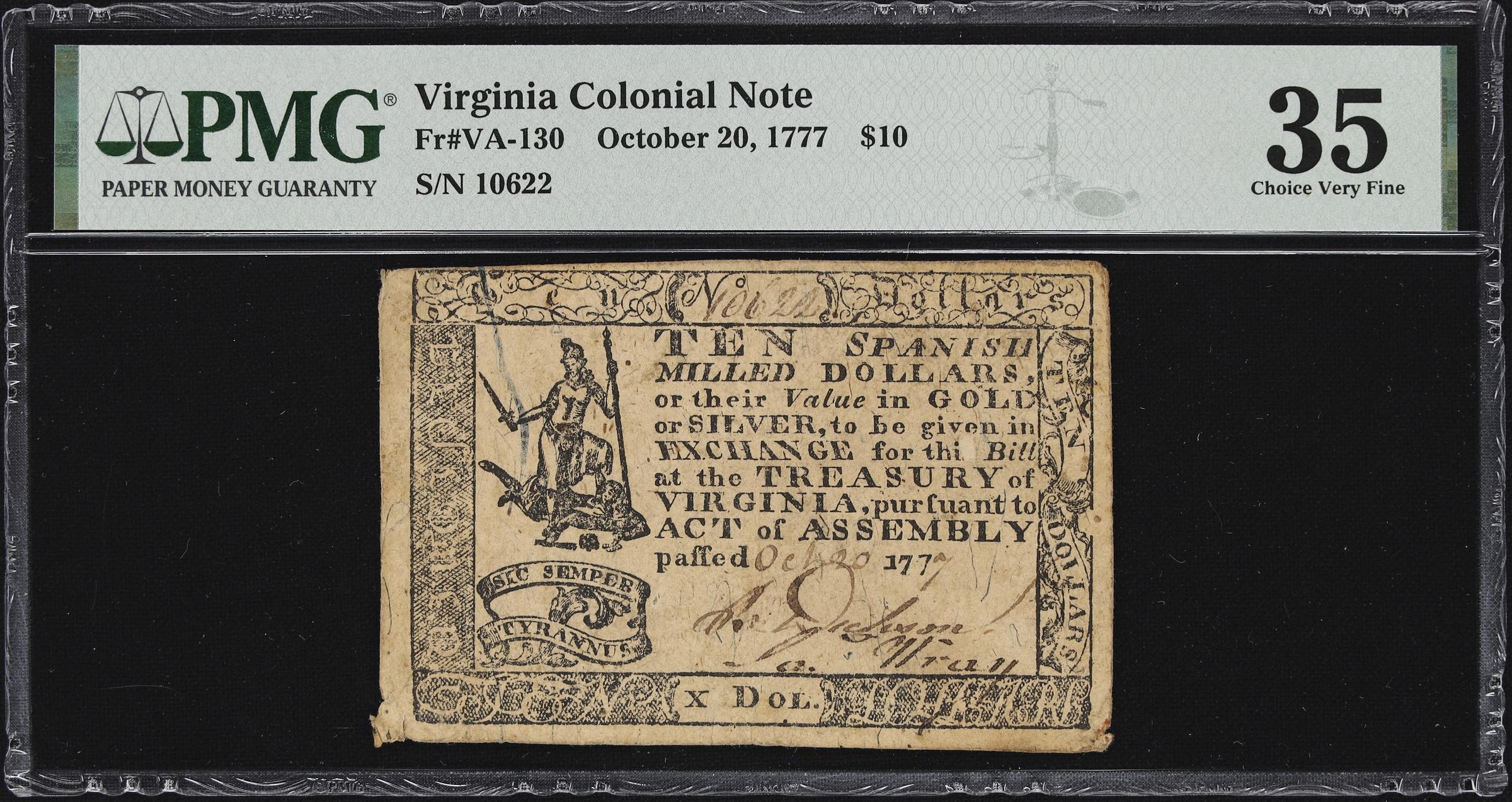 image for: VA-130. Virginia. October 20, 1777. $10. PMG Choice Very Fine 35.