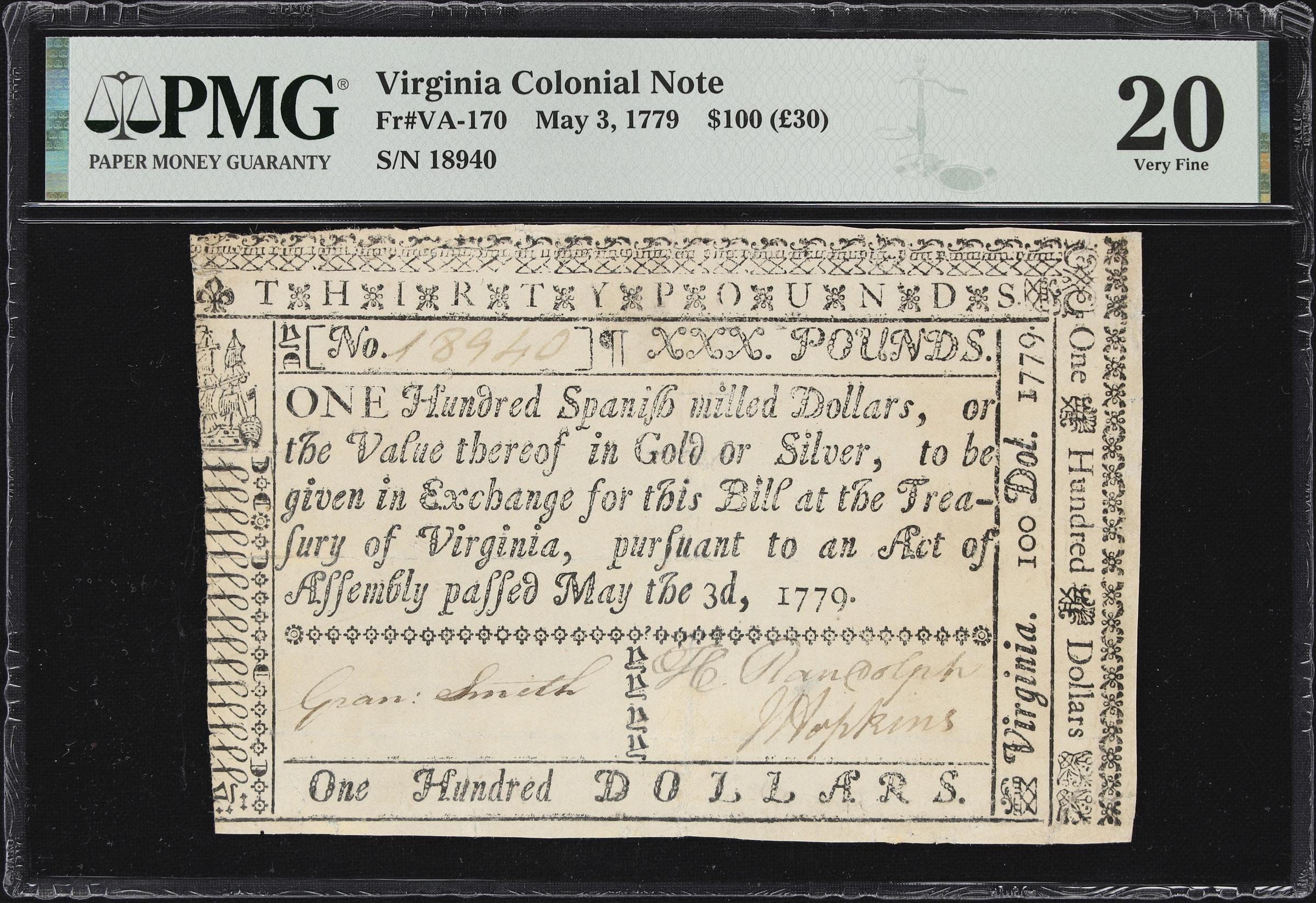 image for: VA-170. Virginia. May 3, 1779. $100. PMG Very Fine 20.