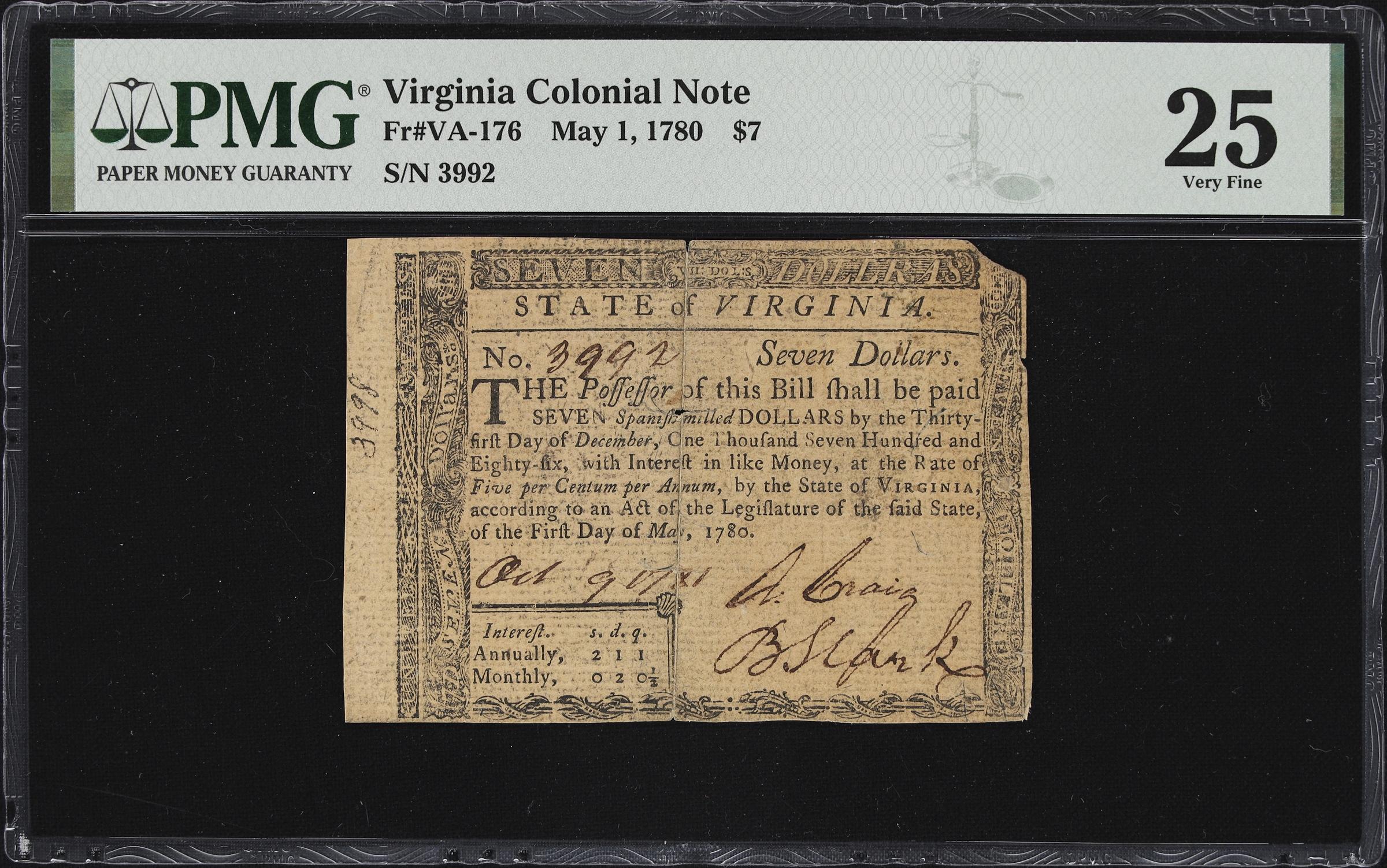 image for: VA-176. Virginia. May 1, 1780. $7. PMG Very Fine 25.