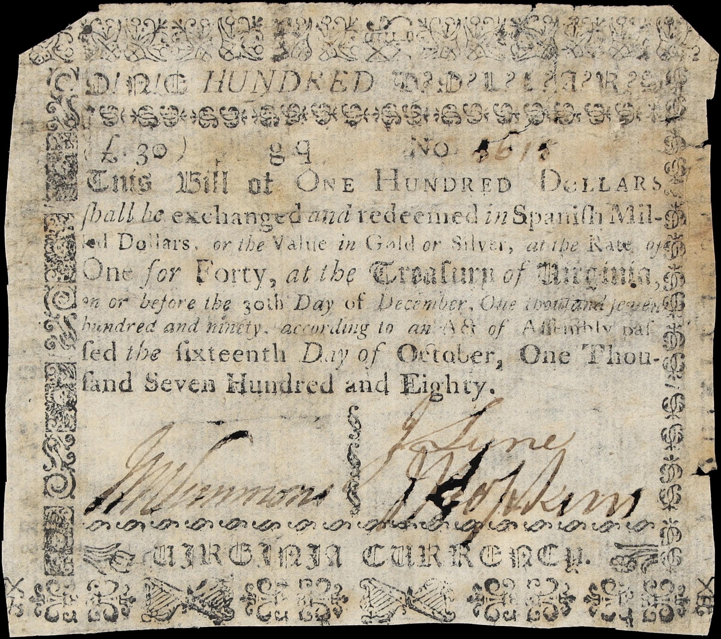 image for: VA-192. Virginia. October 16, 1780. $100. Fine.