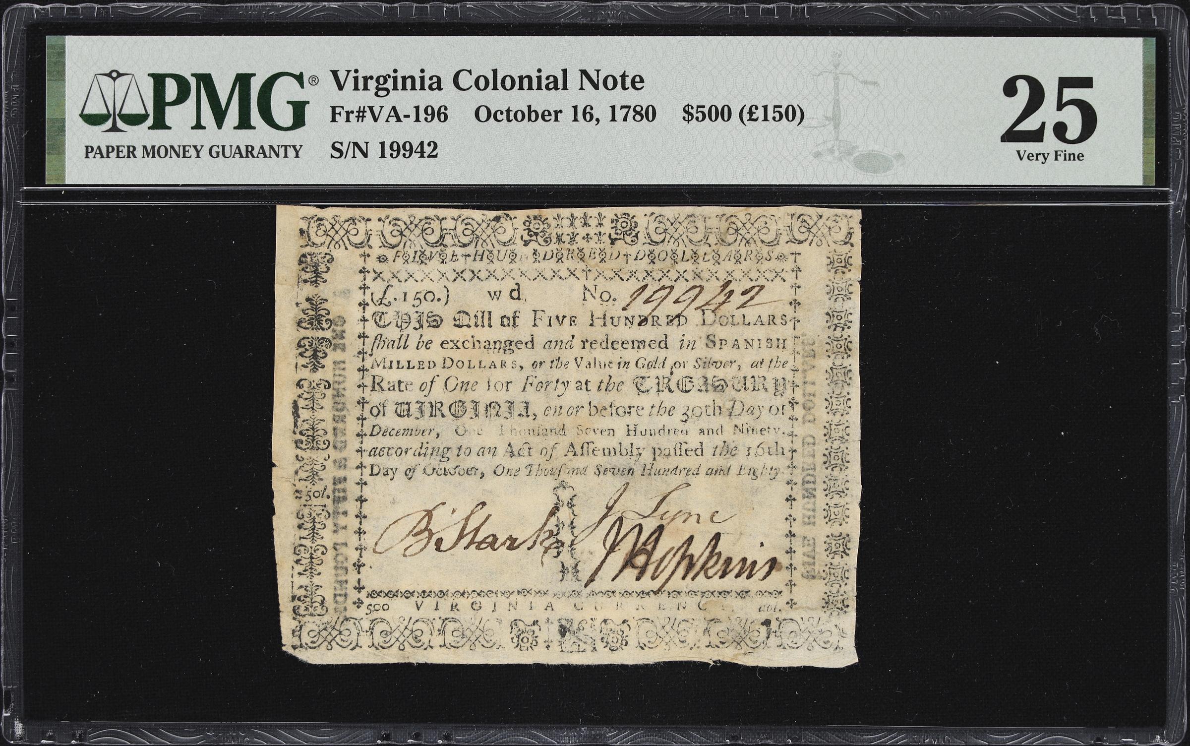image for: VA-196. Virginia. October 16, 1780. $500. PMG Very Fine 25.