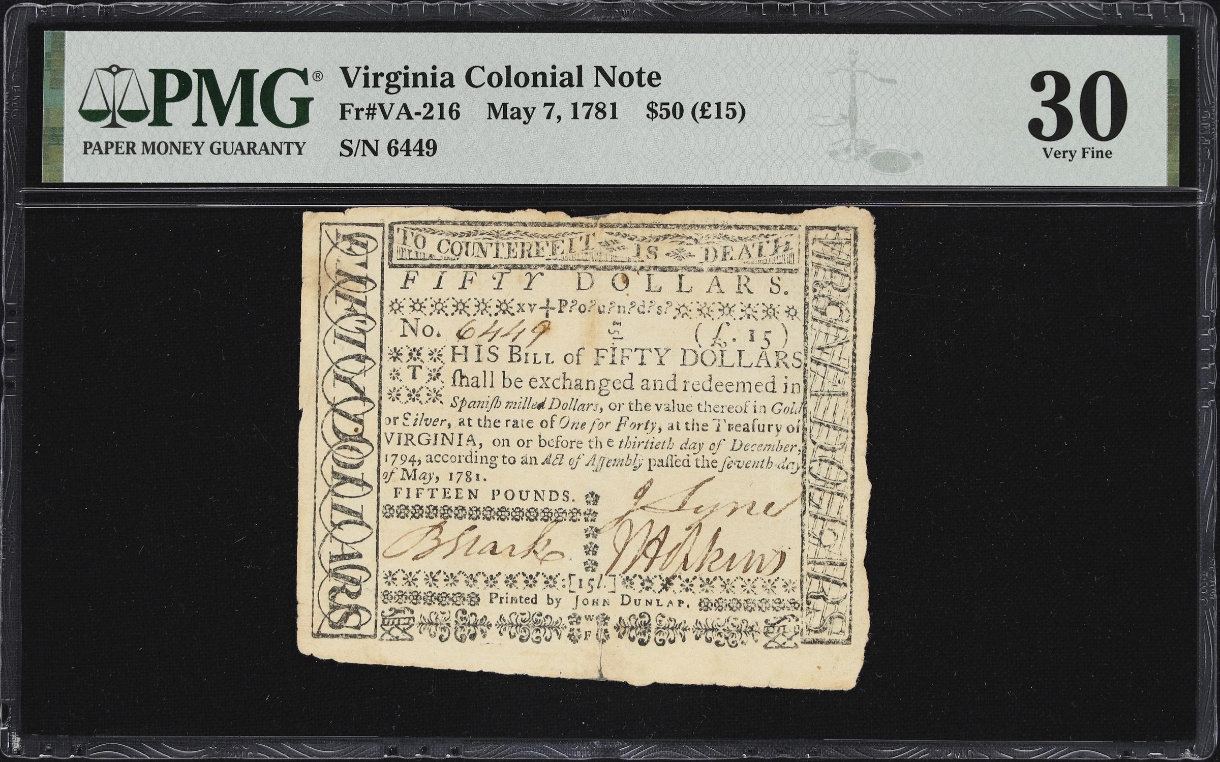 image for: VA-216. Virginia. May 7, 1781. $50. PMG Very Fine 30.