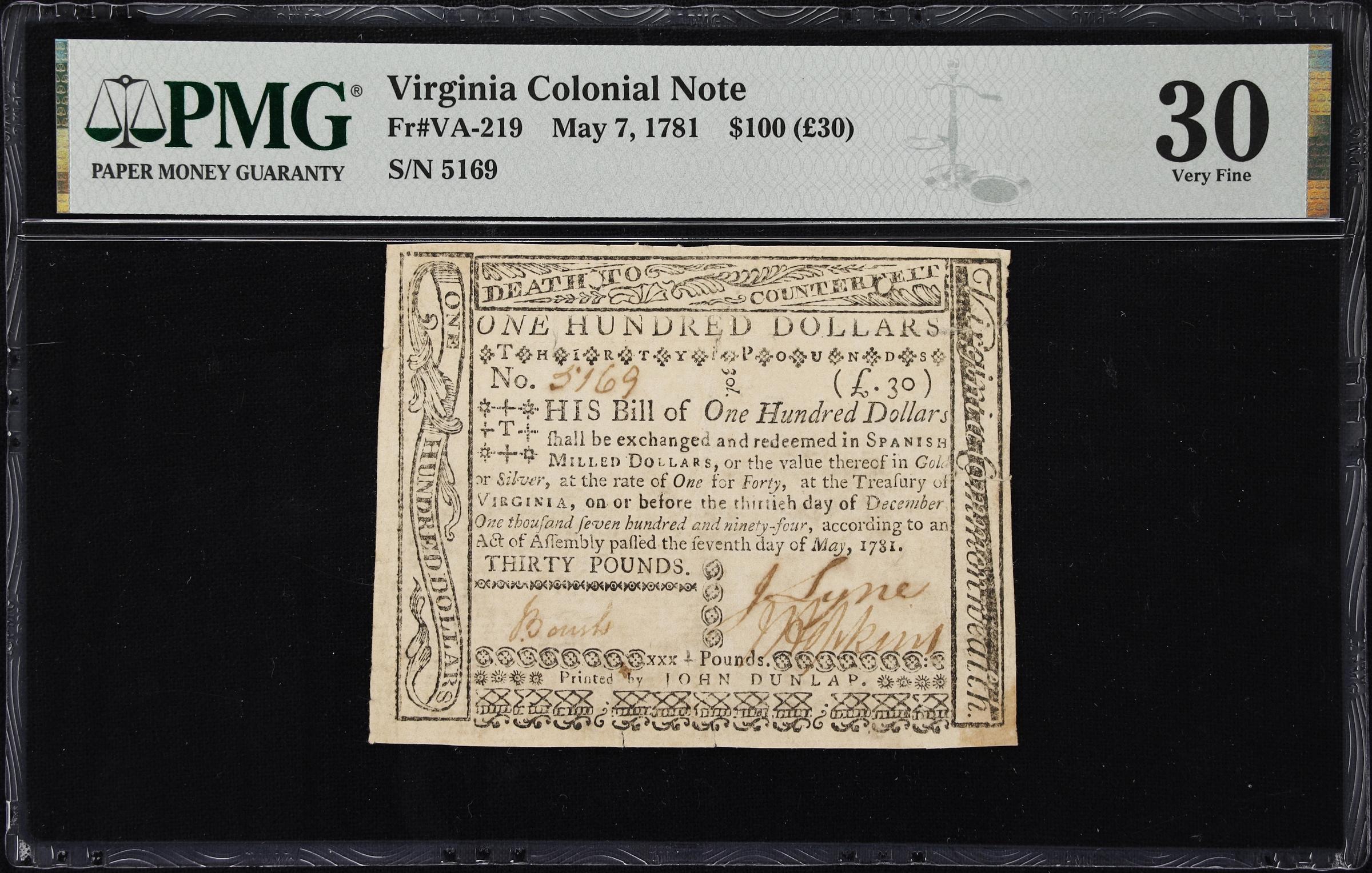 image for: VA-219. Virginia. May 7, 1781. $100. PMG Very Fine 30.