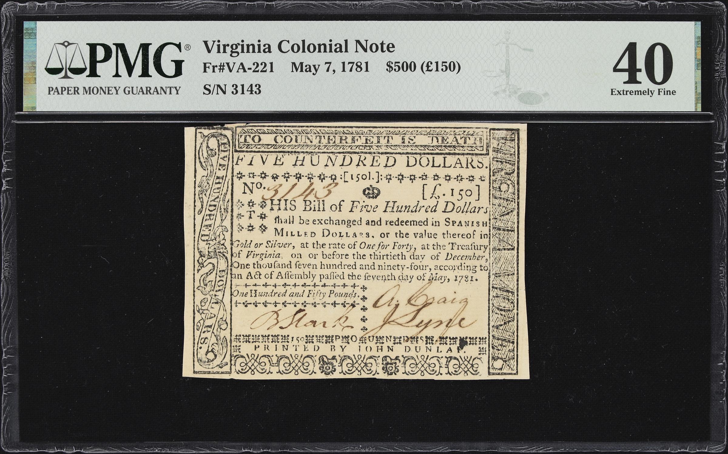 image for: VA-221. Virginia. May 7, 1781. $500. PMG Extremely Fine 40.