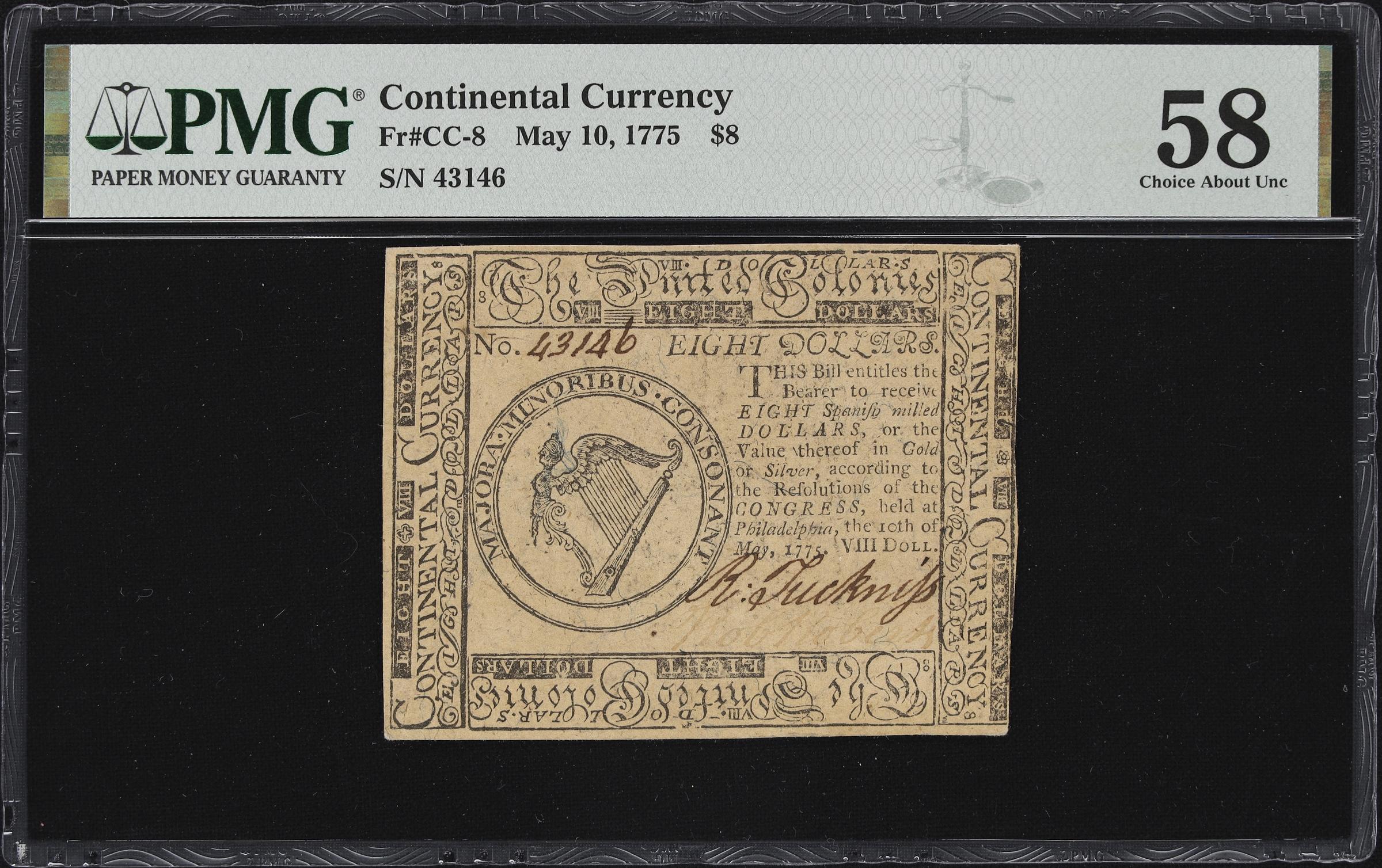 image for: CC-8. Continental Currency. May 10, 1775. $8. PMG Choice About Uncirculated 58.