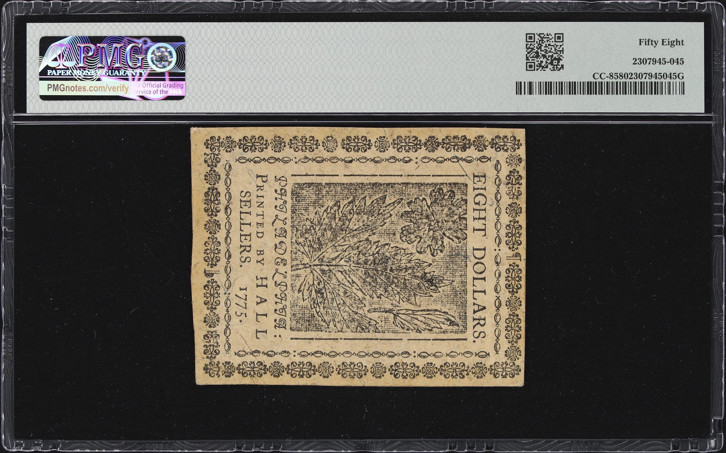 image for: CC-8. Continental Currency. May 10, 1775. $8. PMG Choice About Uncirculated 58.
