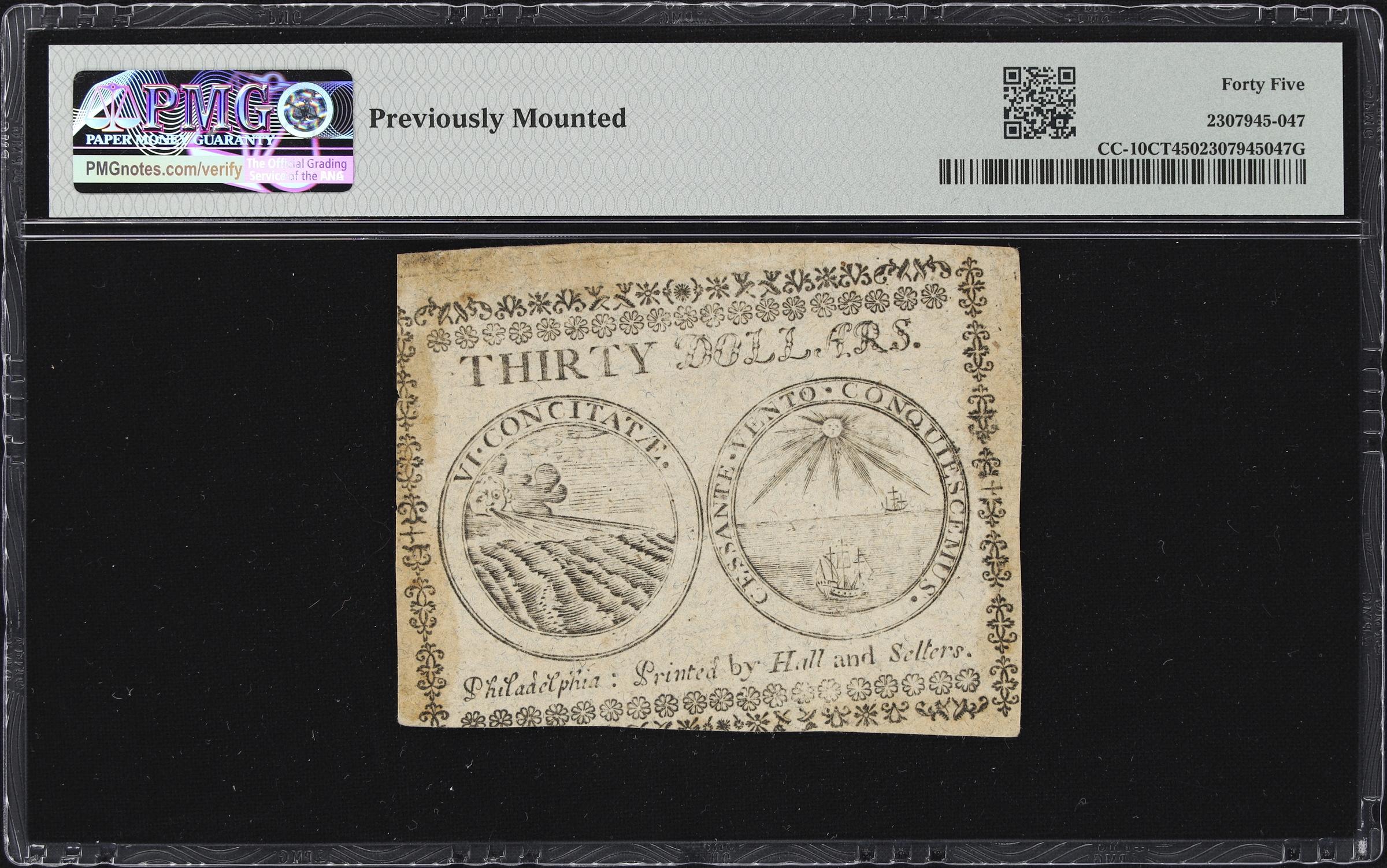 image for: CC-10CT. Continental Currency. May 10, 1775. $30. PMG Choice Extremely Fine 45. Contemporary Counterfeit.