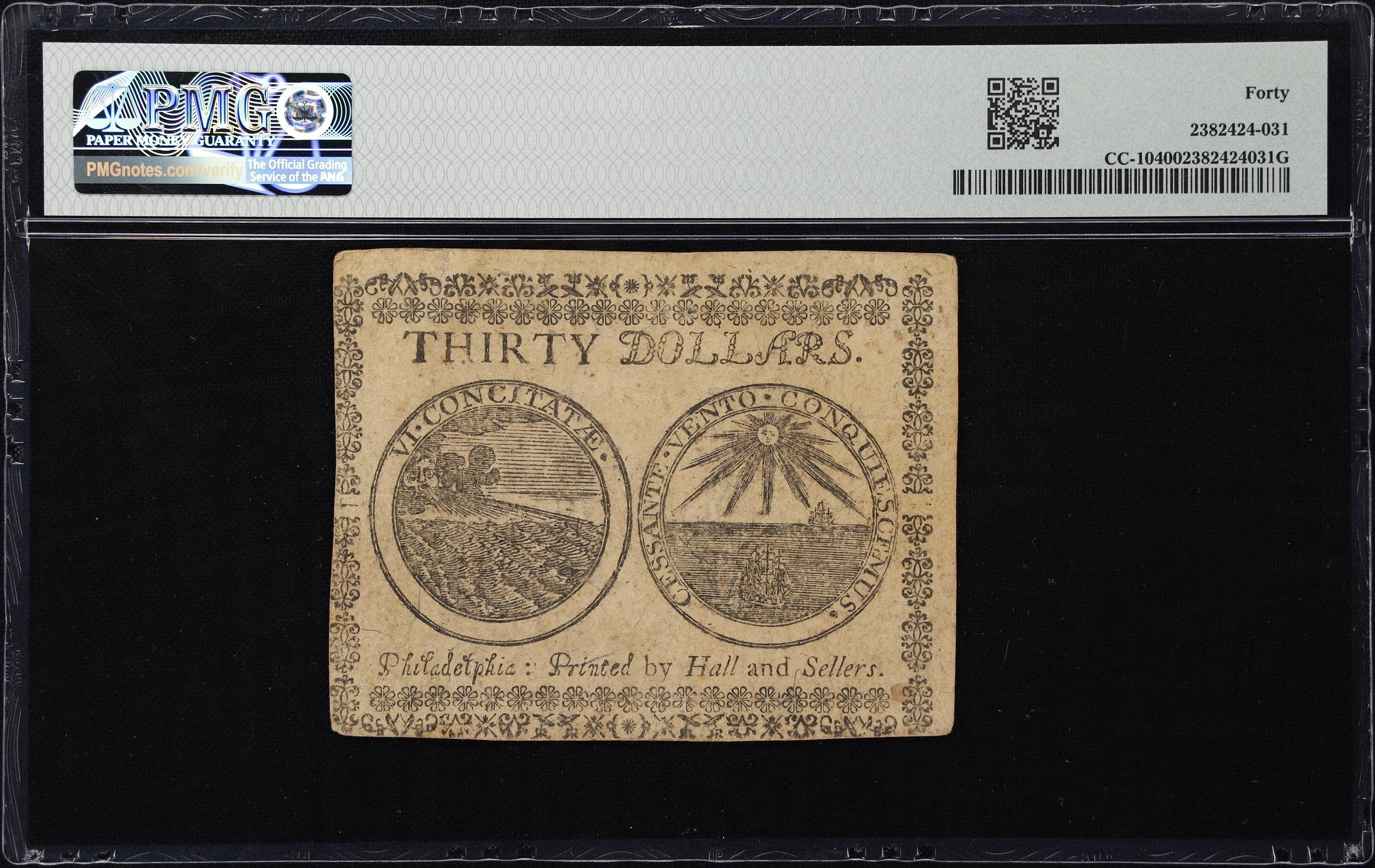 image for: CC-10. Continental Currency. May 10, 1775. $30. PMG Extremely Fine 40.