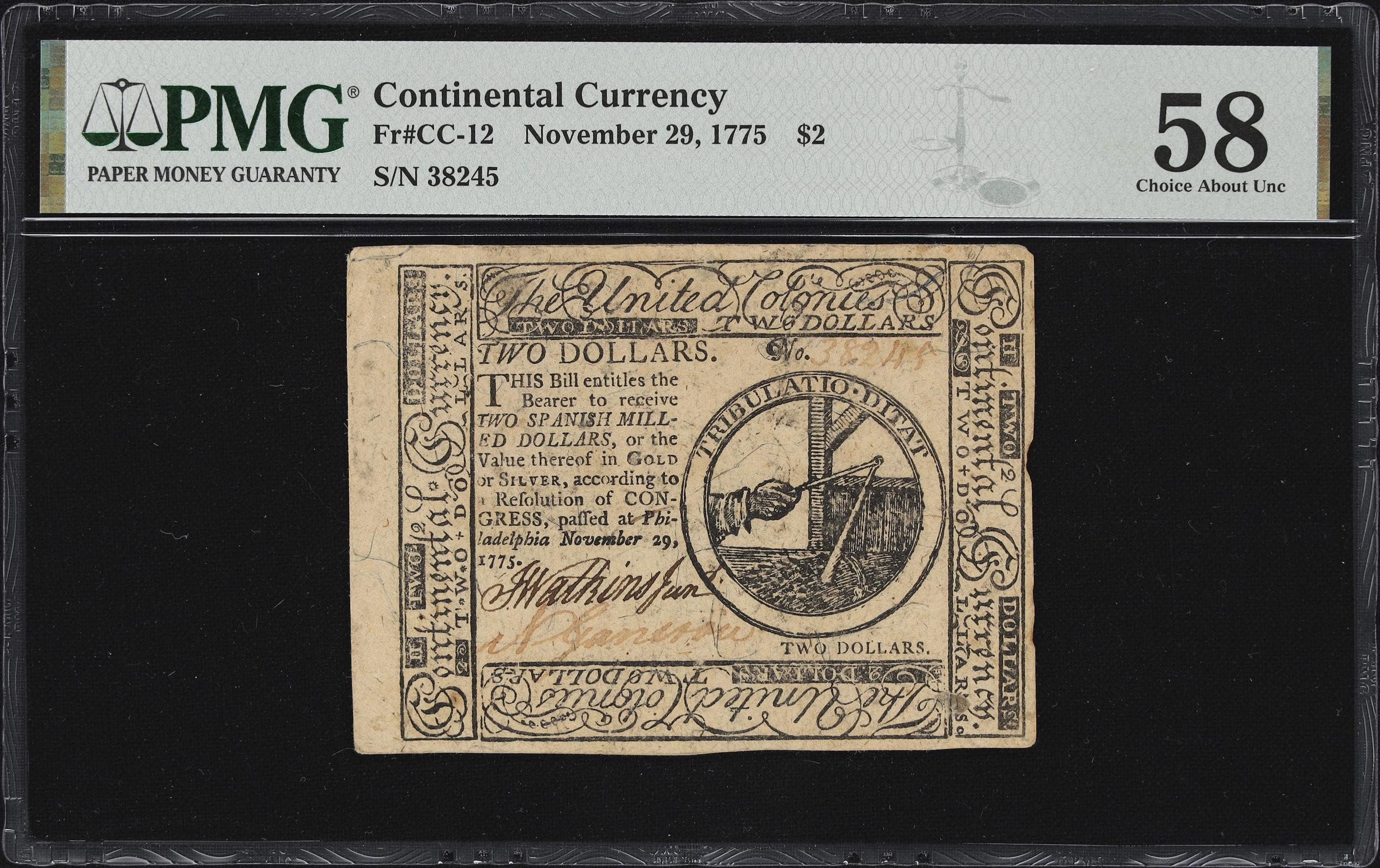 image for: CC-12. Continental Currency. November 29, 1775. $2. PMG Choice About Uncirculated 58.