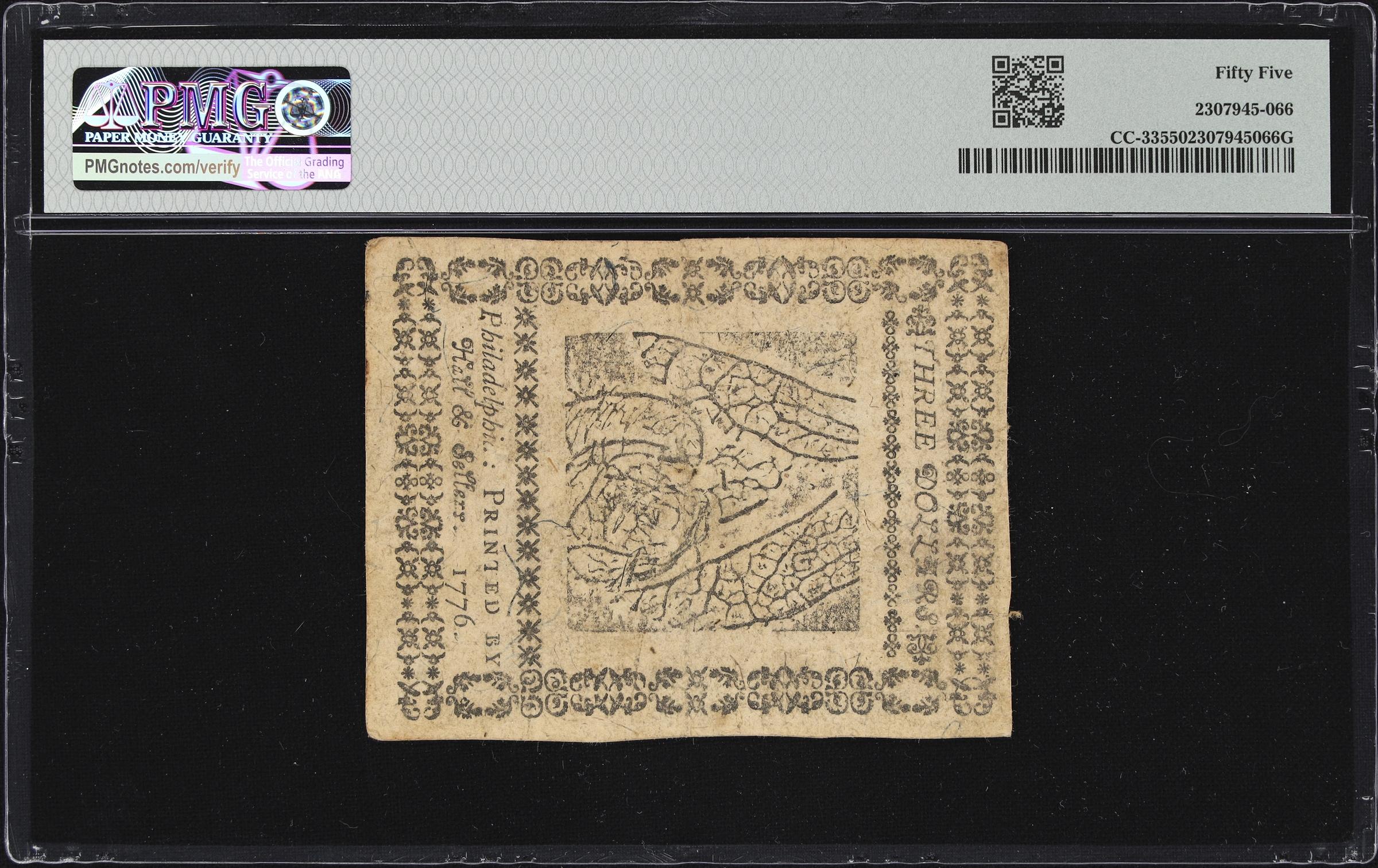 image for: CC-33. Continental Currency. May 9, 1776. $3. PMG About Uncirculated 55.