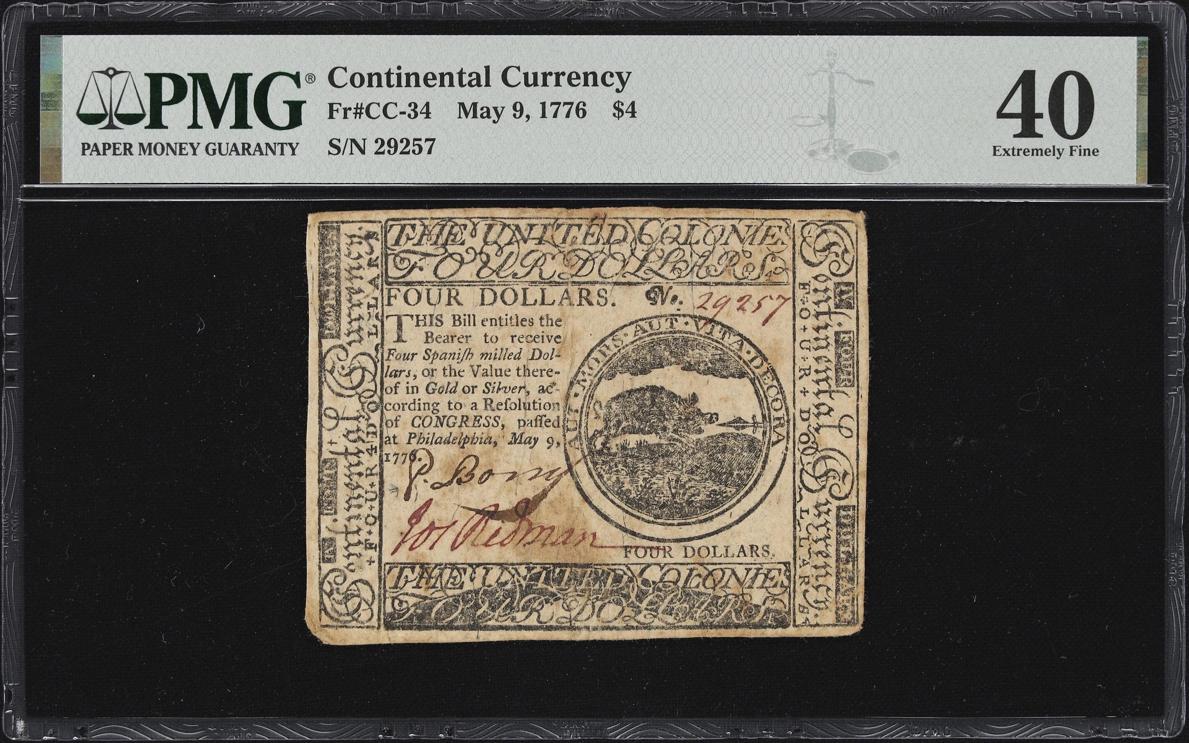 image for: CC-34. Continental Currency. May 9, 1776. $4. PMG Extremely Fine 40.