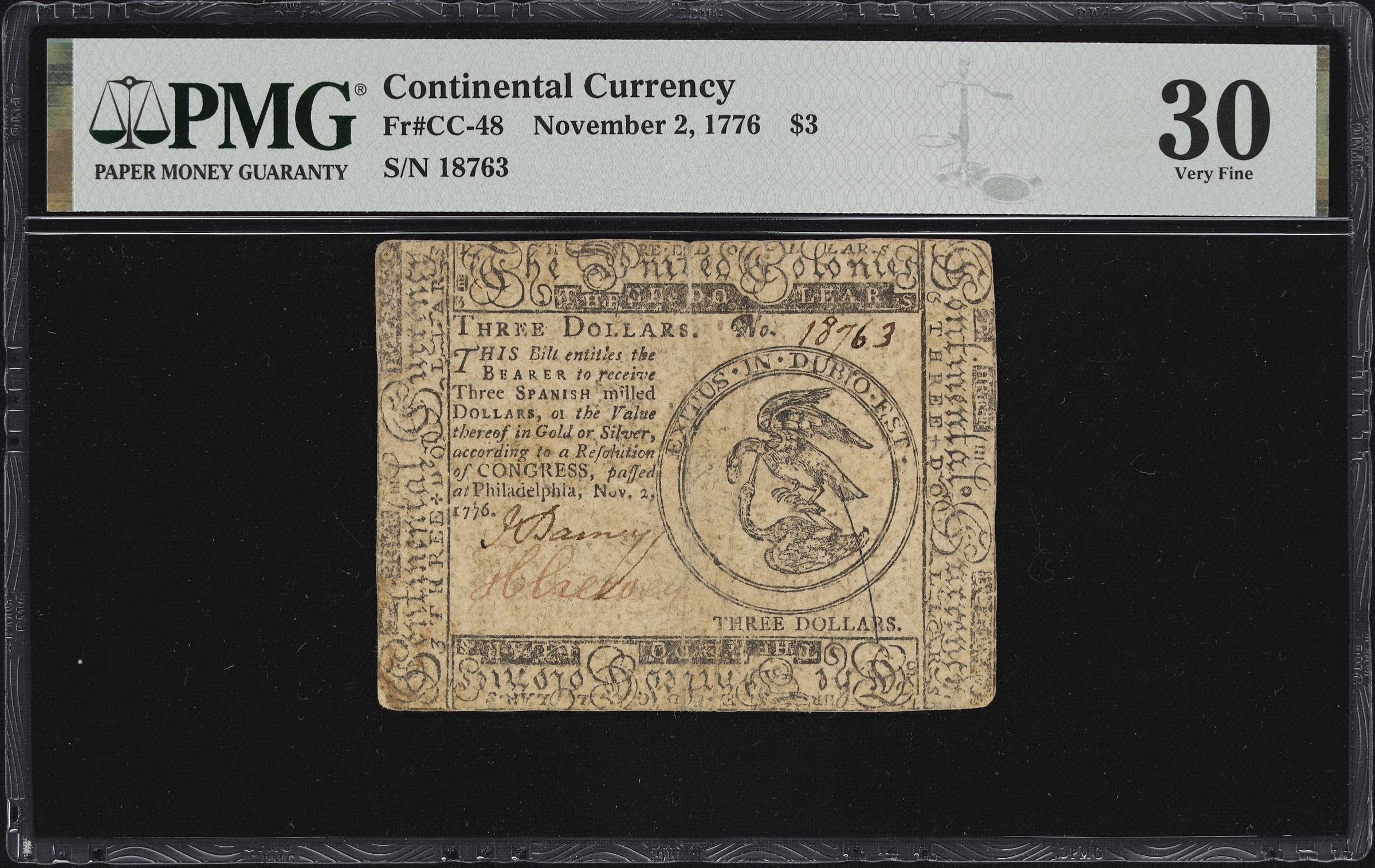 image for: CC-48. Continental Currency. November 2, 1776. $3. PMG Very Fine 30.