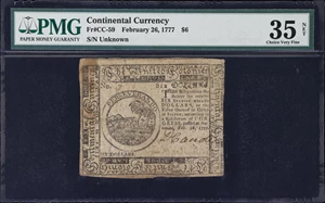image for: CC-59. Continental Currency. February 26, 1777. $6. PMG Choice Very Fine 35 Net. Stains.