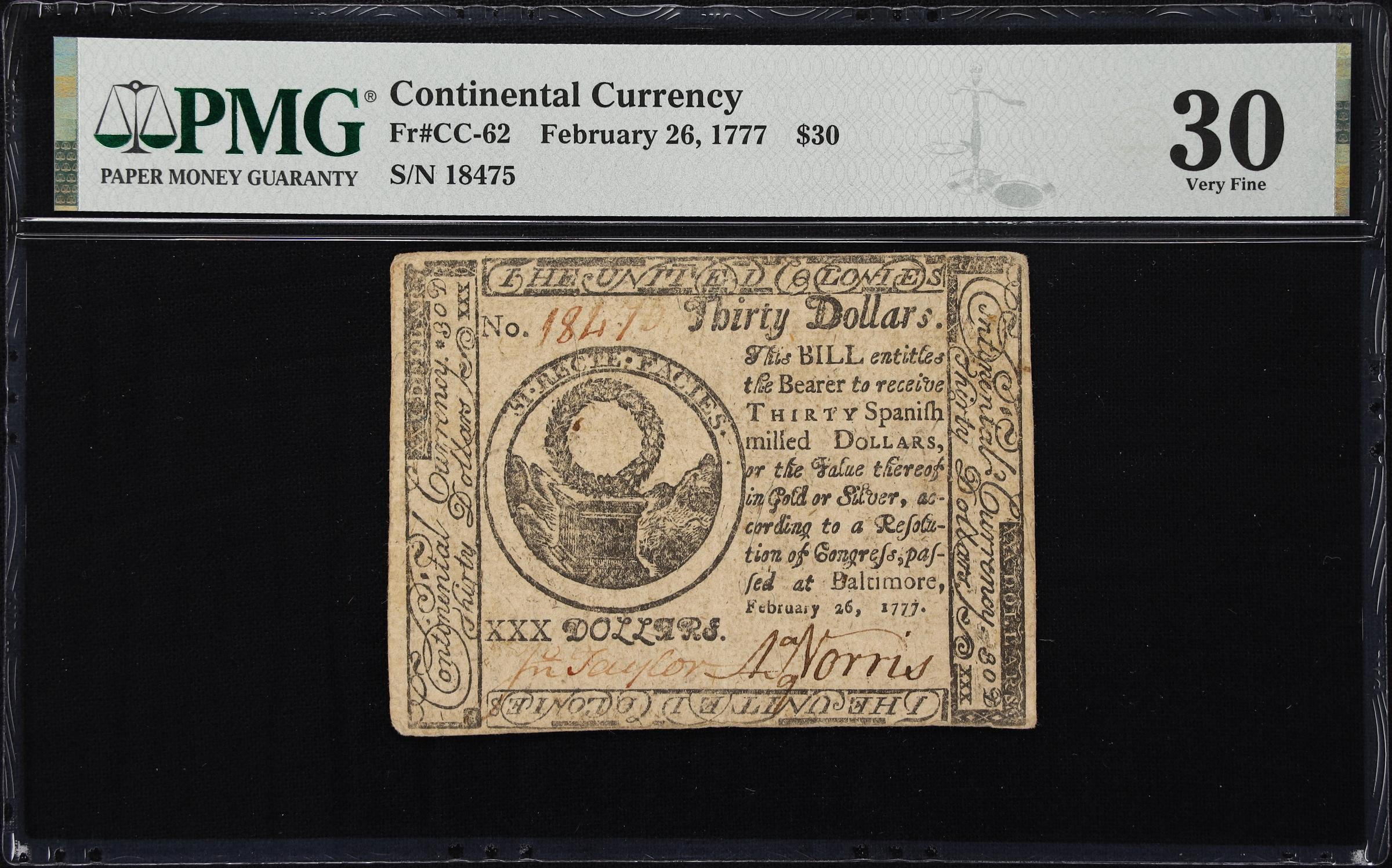 image for: CC-62. Continental Currency. February 26, 1777. $30. PMG Very Fine 30.